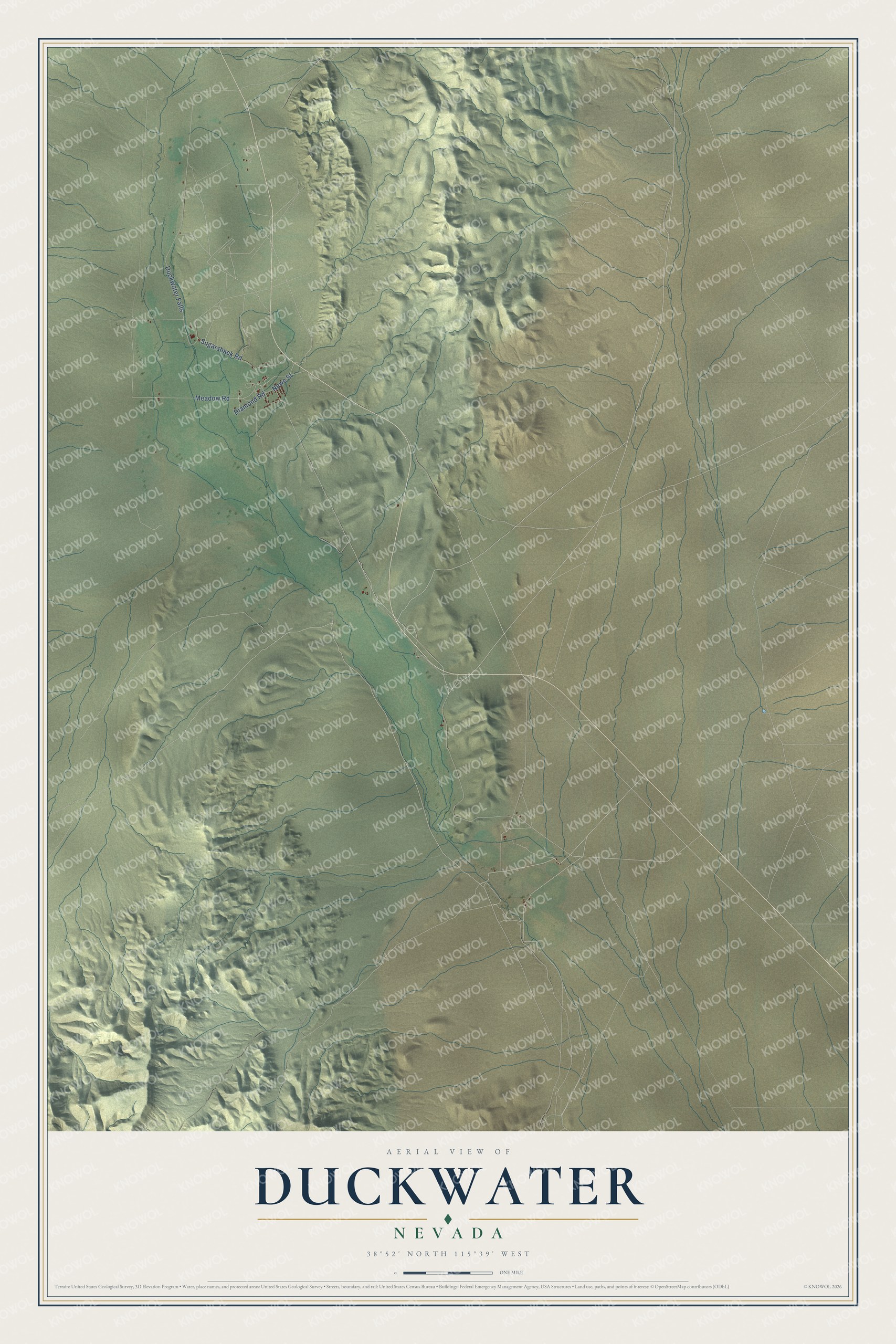 Full map of Duckwater, Nevada, with red buildings, printed street names and the land around them
