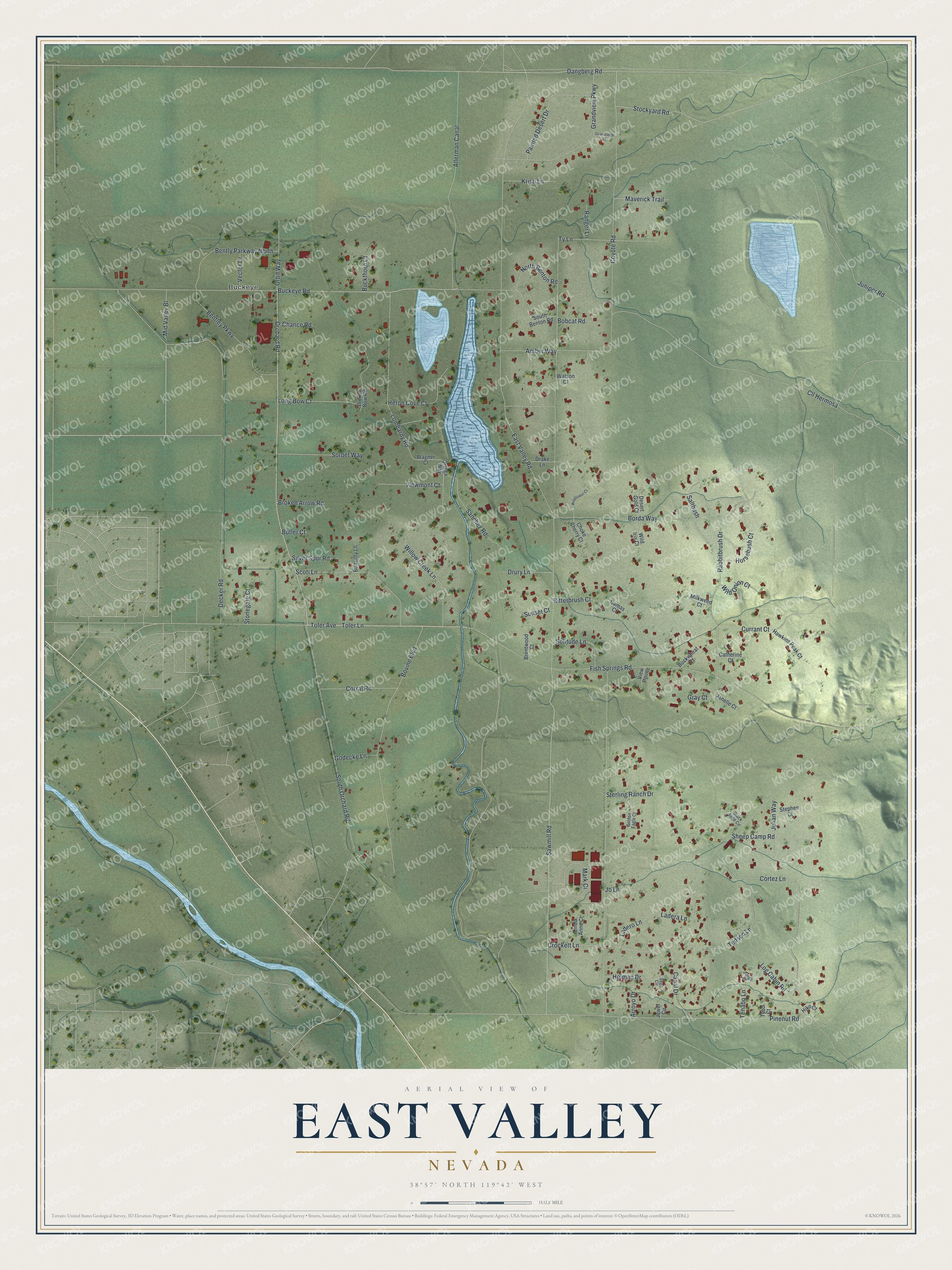 Full map of East Valley, Nevada, with red buildings, printed street names and the land around them