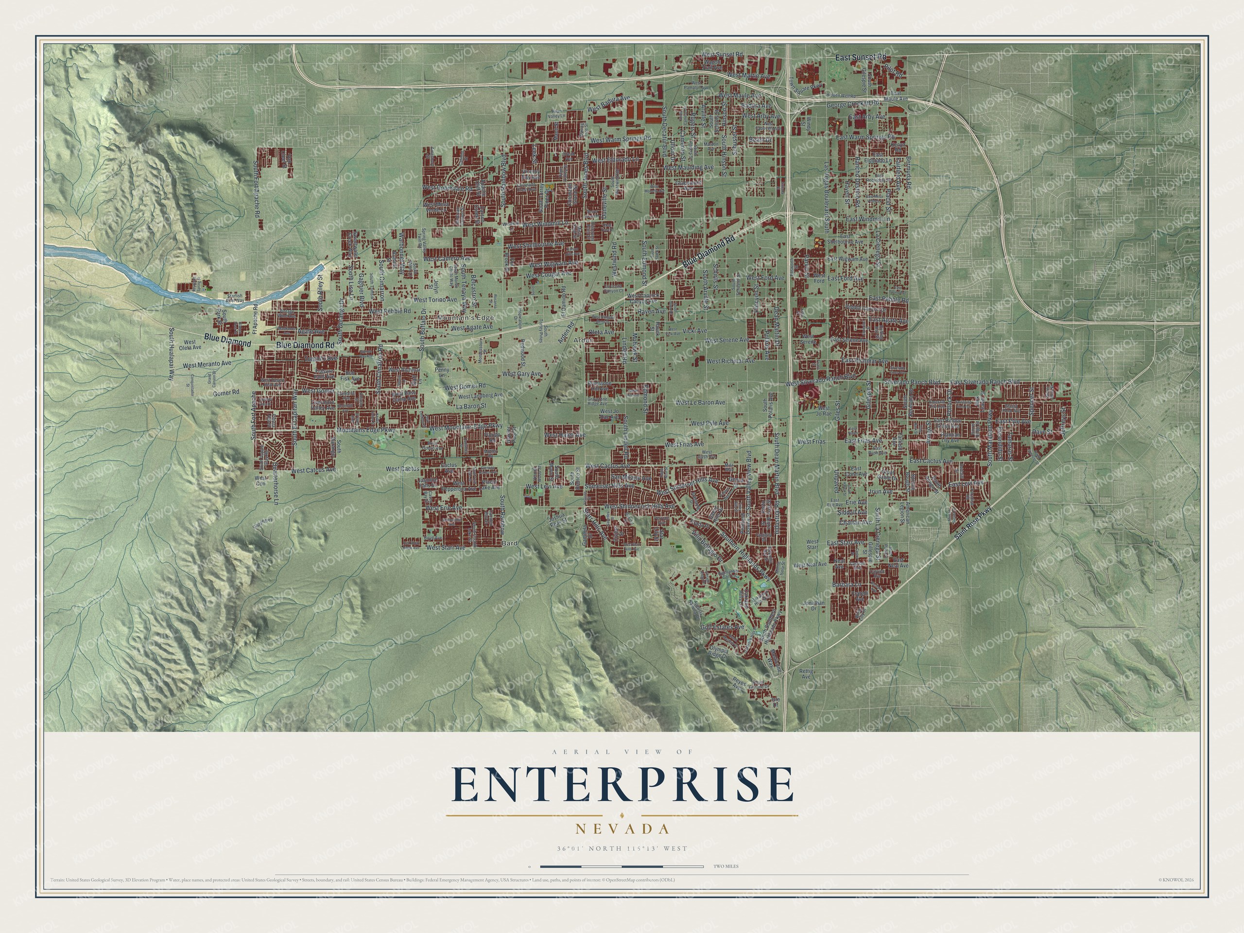 Full map of Enterprise, Nevada, with red buildings, printed street names and the land around them