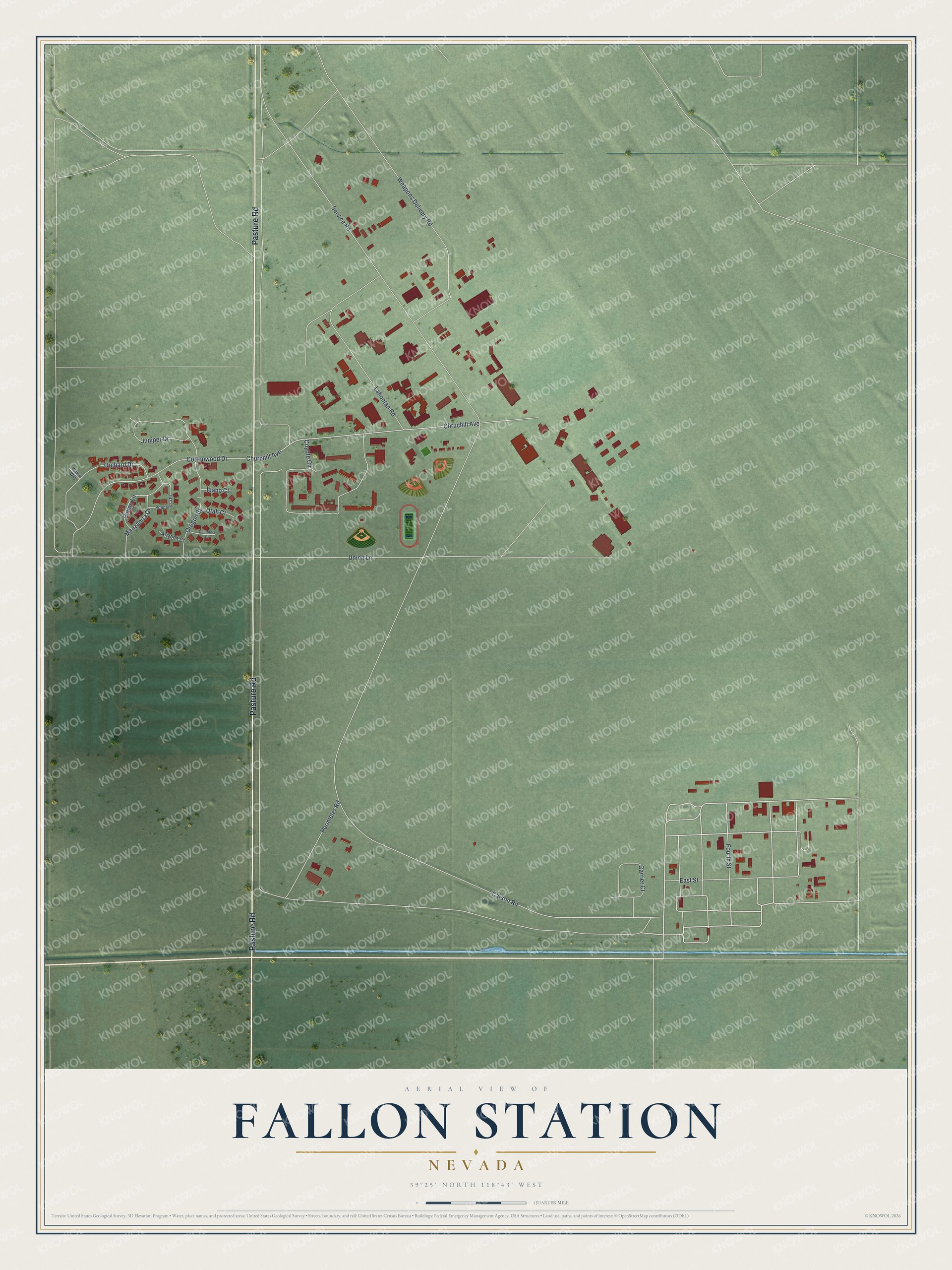 Full map of Fallon Station, Nevada, with red buildings, printed street names and the land around them