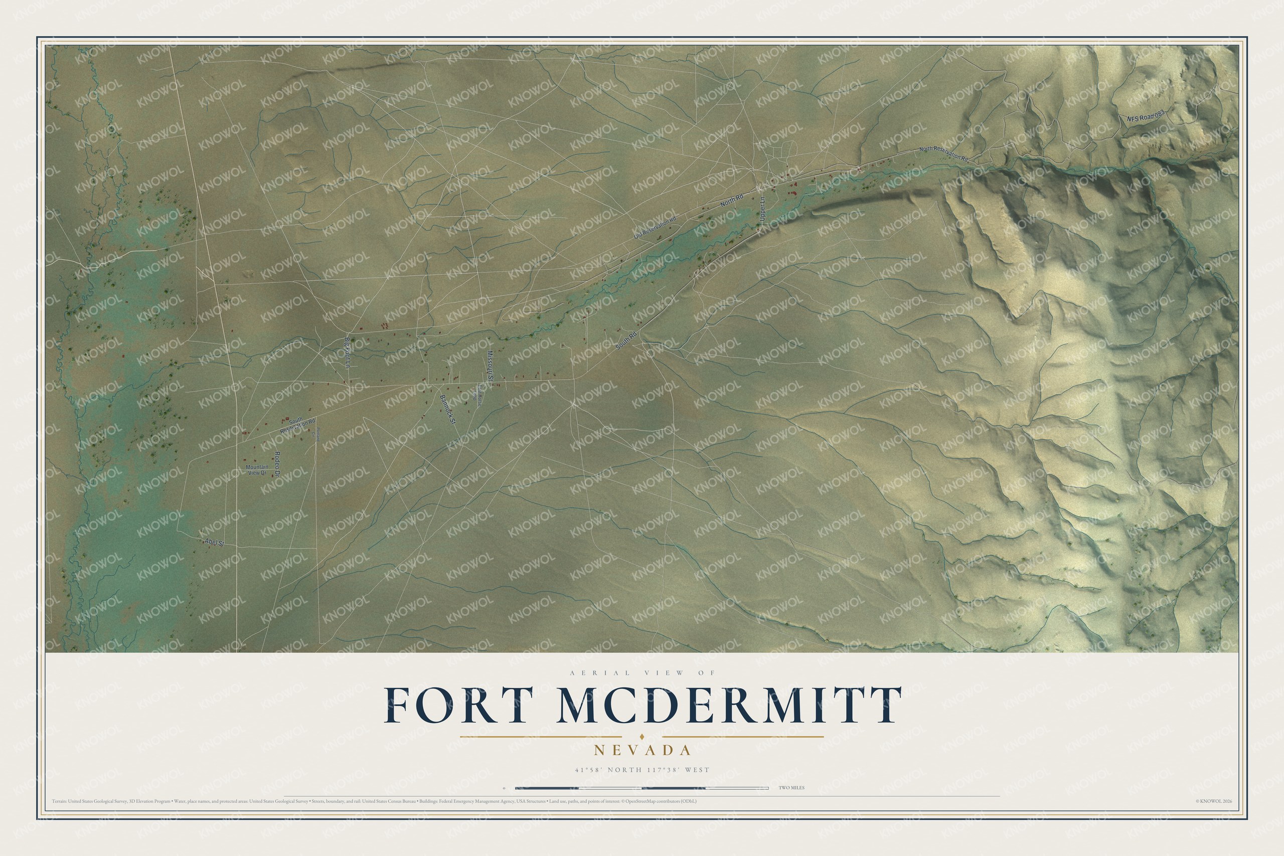 Full map of Fort McDermitt, Nevada, with red buildings, printed street names and the land around them