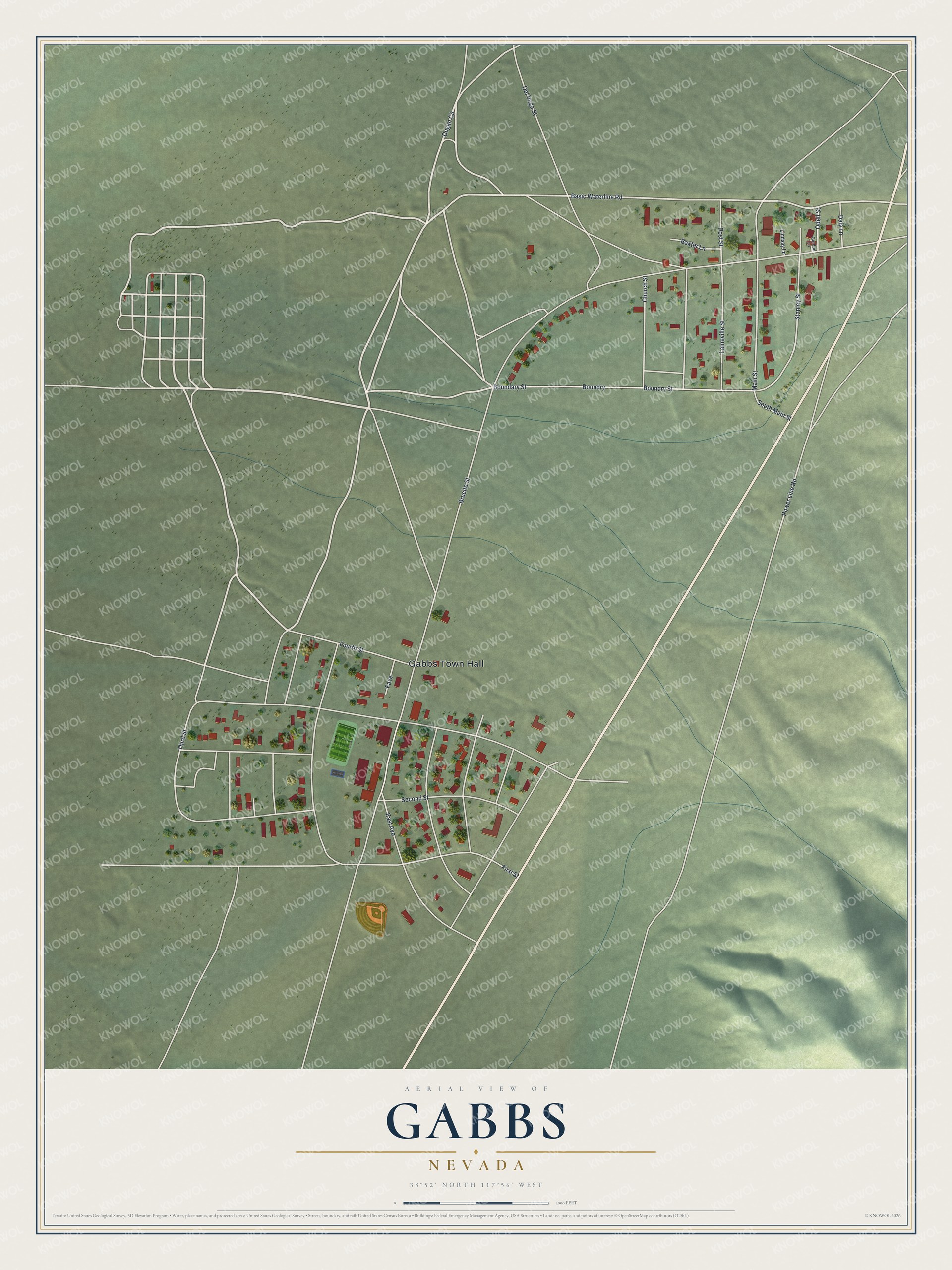 Full map of Gabbs, Nevada, with red buildings, printed street names and the land around them