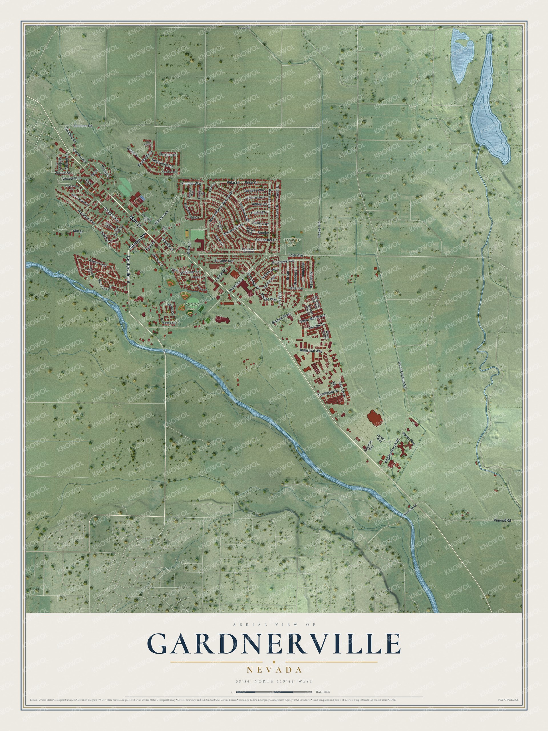 Full map of Gardnerville, Nevada, with red buildings, printed street names and the land around them