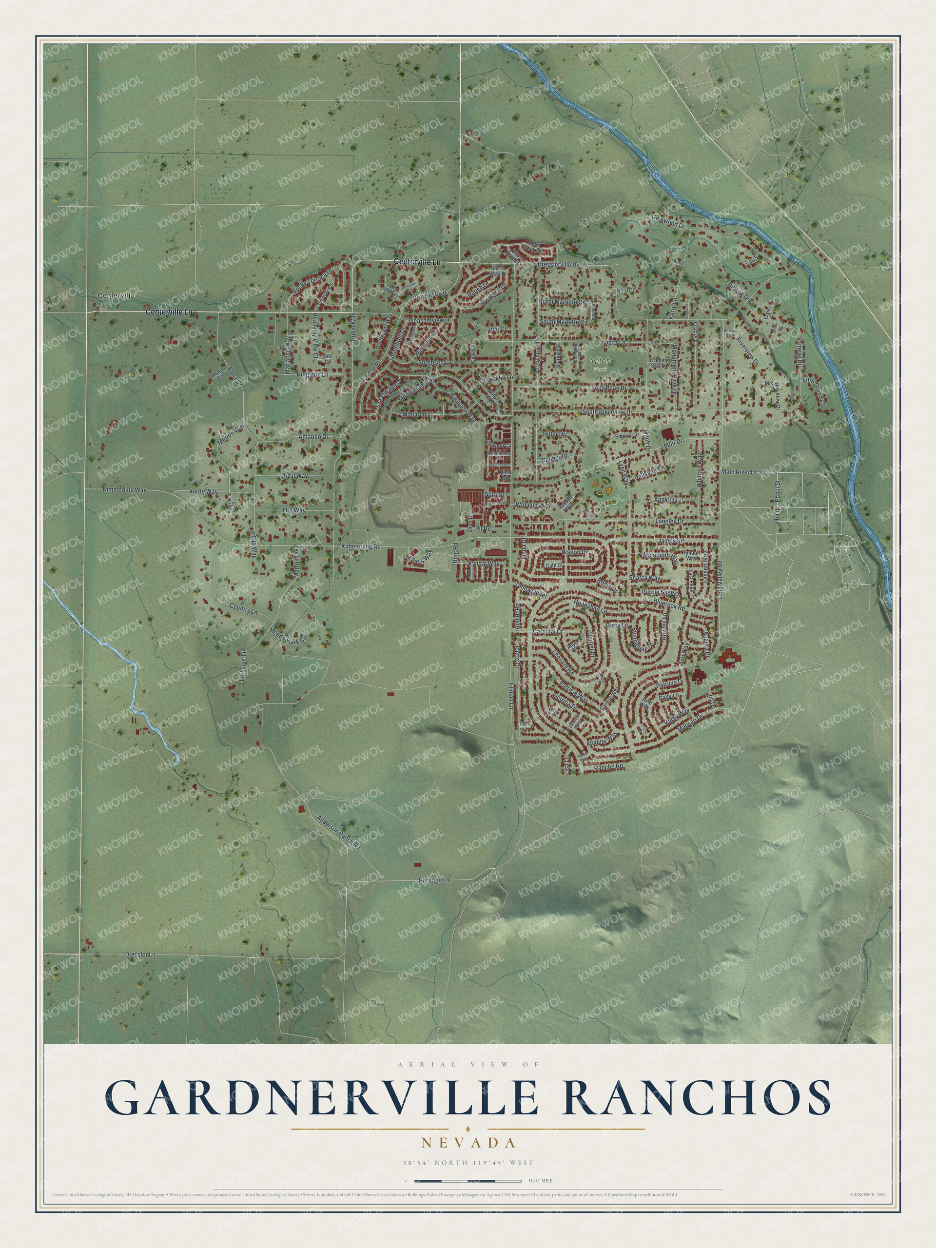 Full map of Gardnerville Ranchos, Nevada, with red buildings, printed street names and the land around them