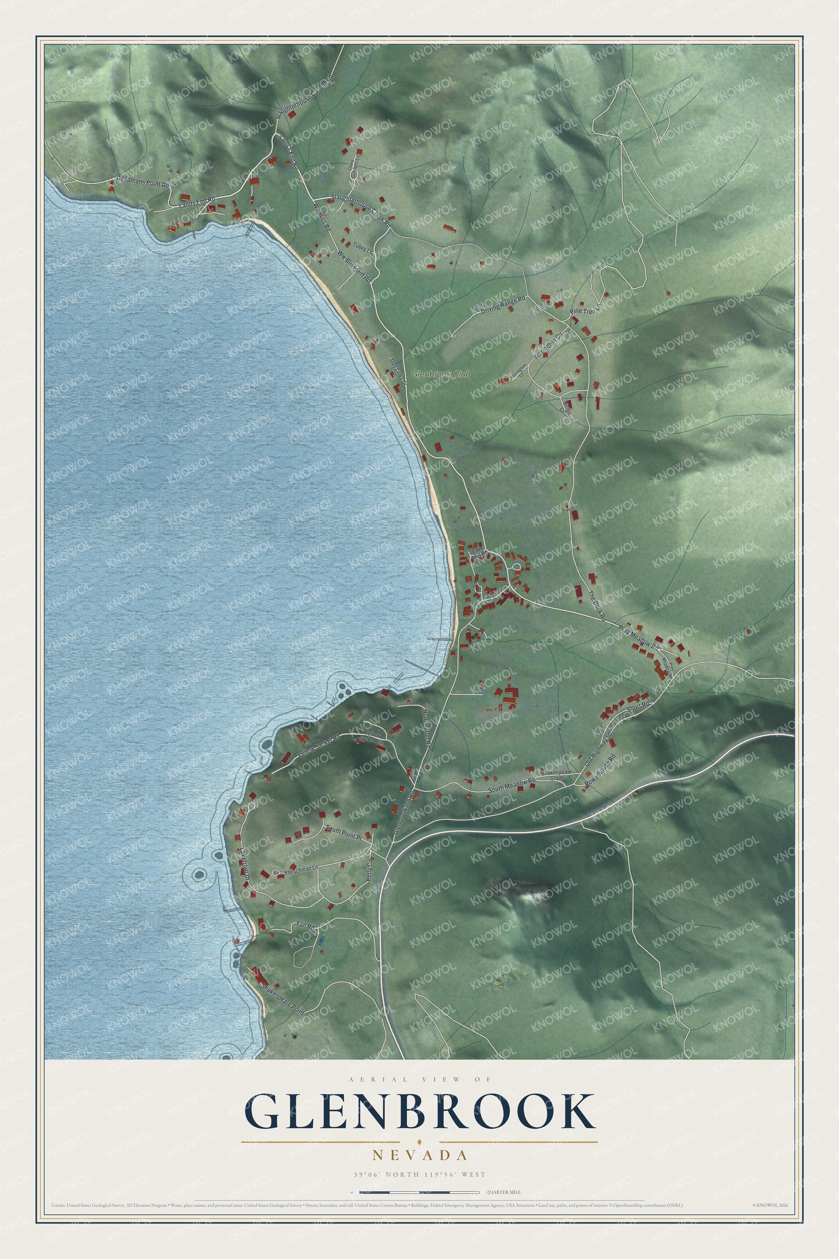 Full map of Glenbrook, Nevada, with red buildings, printed street names and the land around them