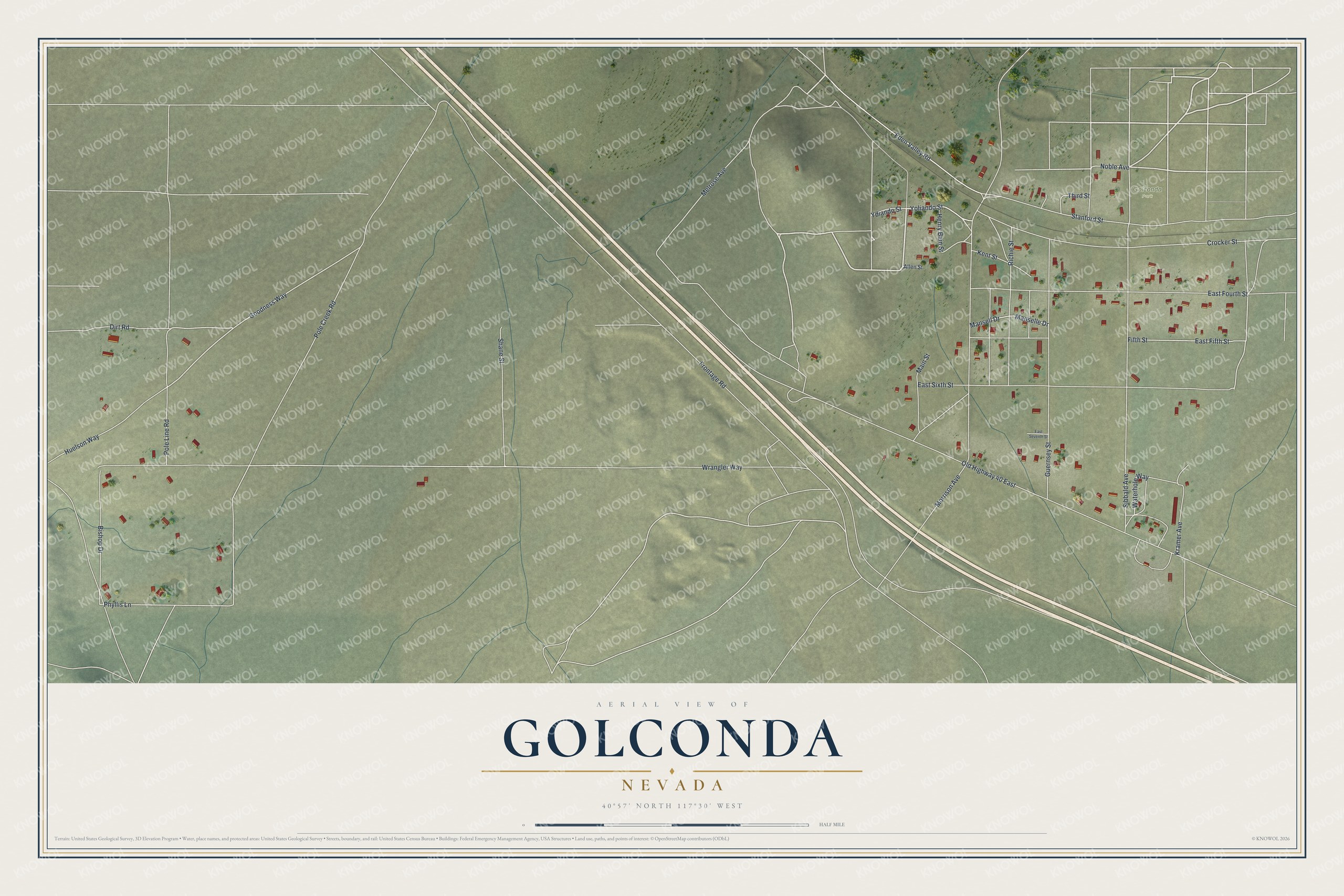 Full map of Golconda, Nevada, with red buildings, printed street names and the land around them
