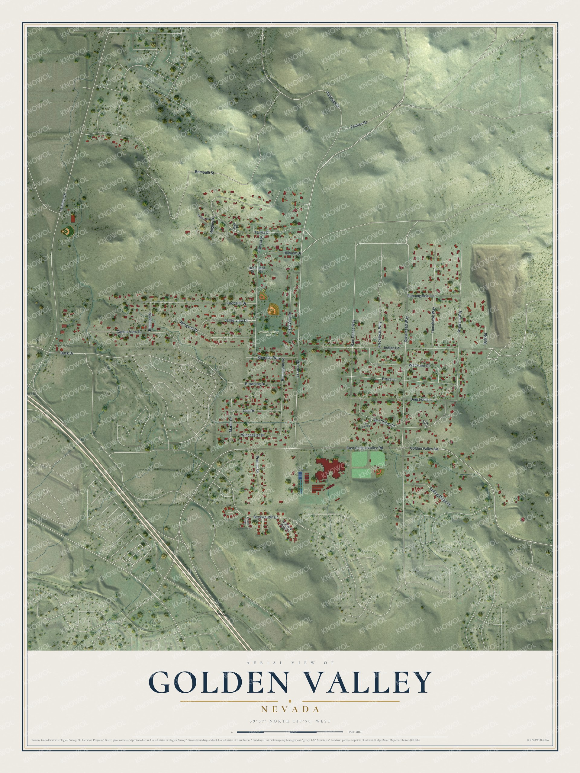 Full map of Golden Valley, Nevada, with red buildings, printed street names and the land around them