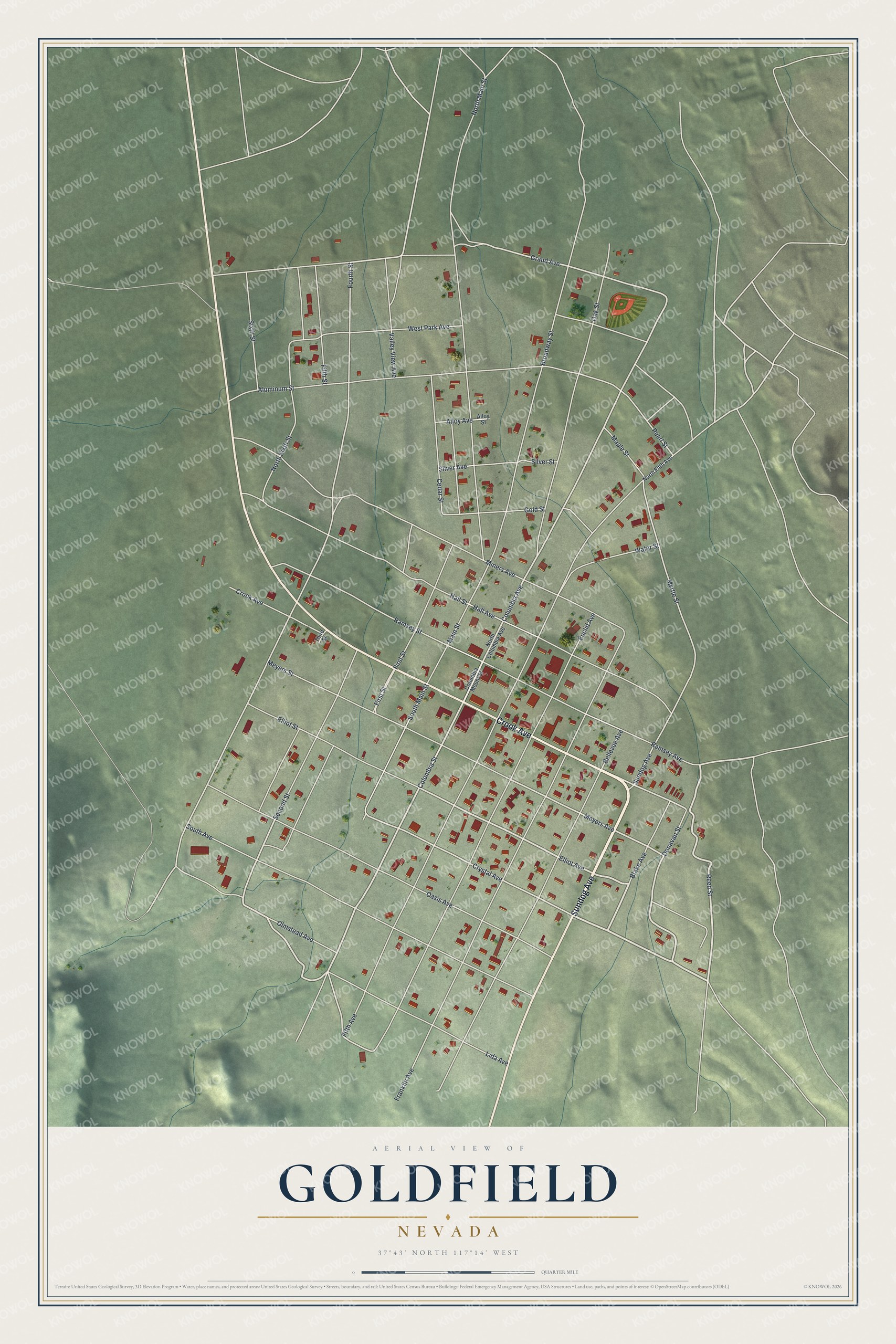 Full map of Goldfield, Nevada, with red buildings, printed street names and the land around them