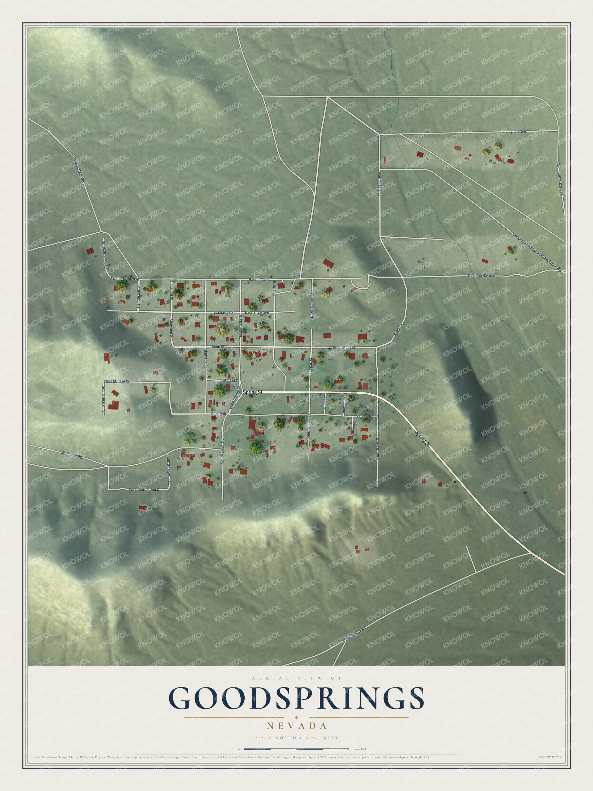 Full map of Goodsprings, Nevada, with red buildings, printed street names and the land around them