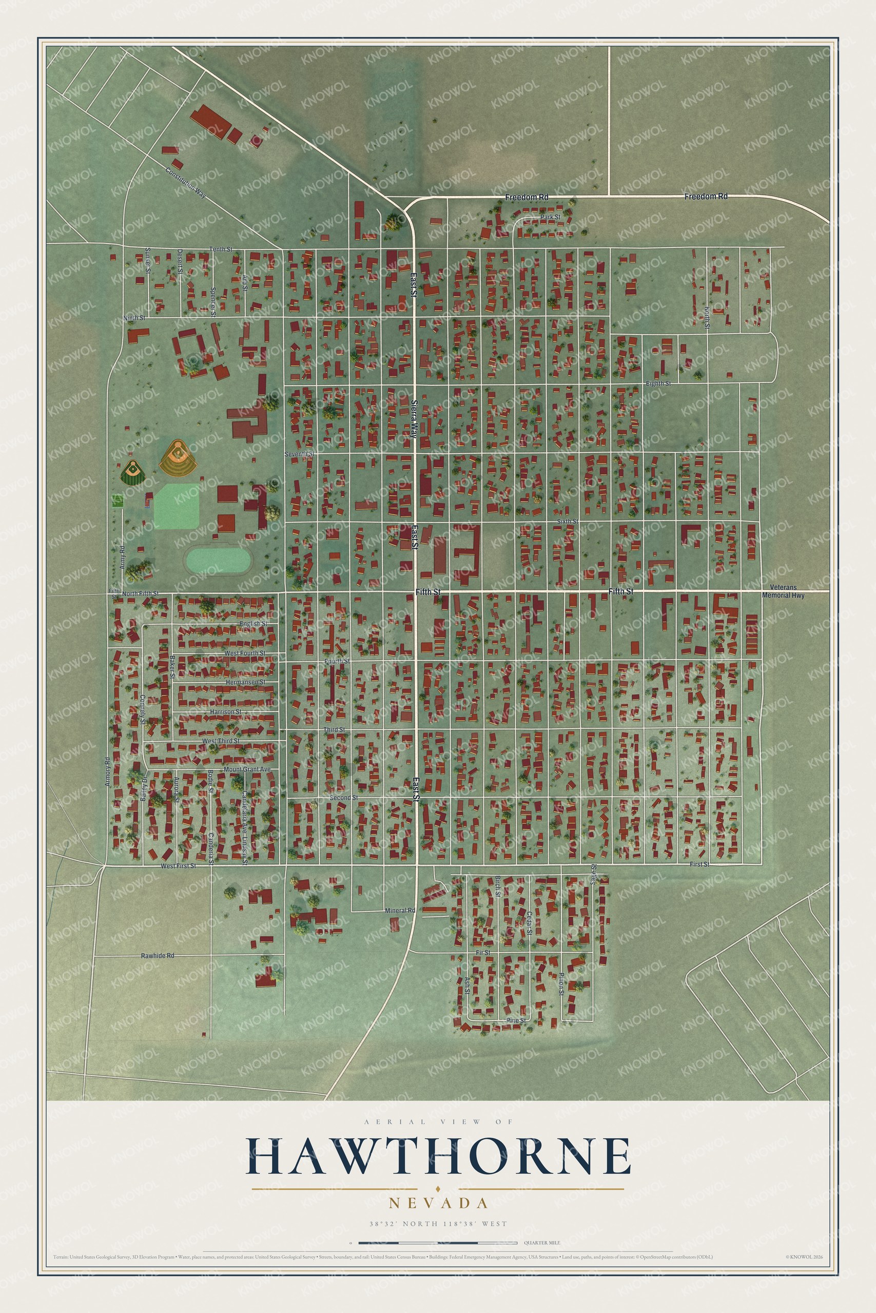 Full map of Hawthorne, Nevada, with red buildings, printed street names and the land around them
