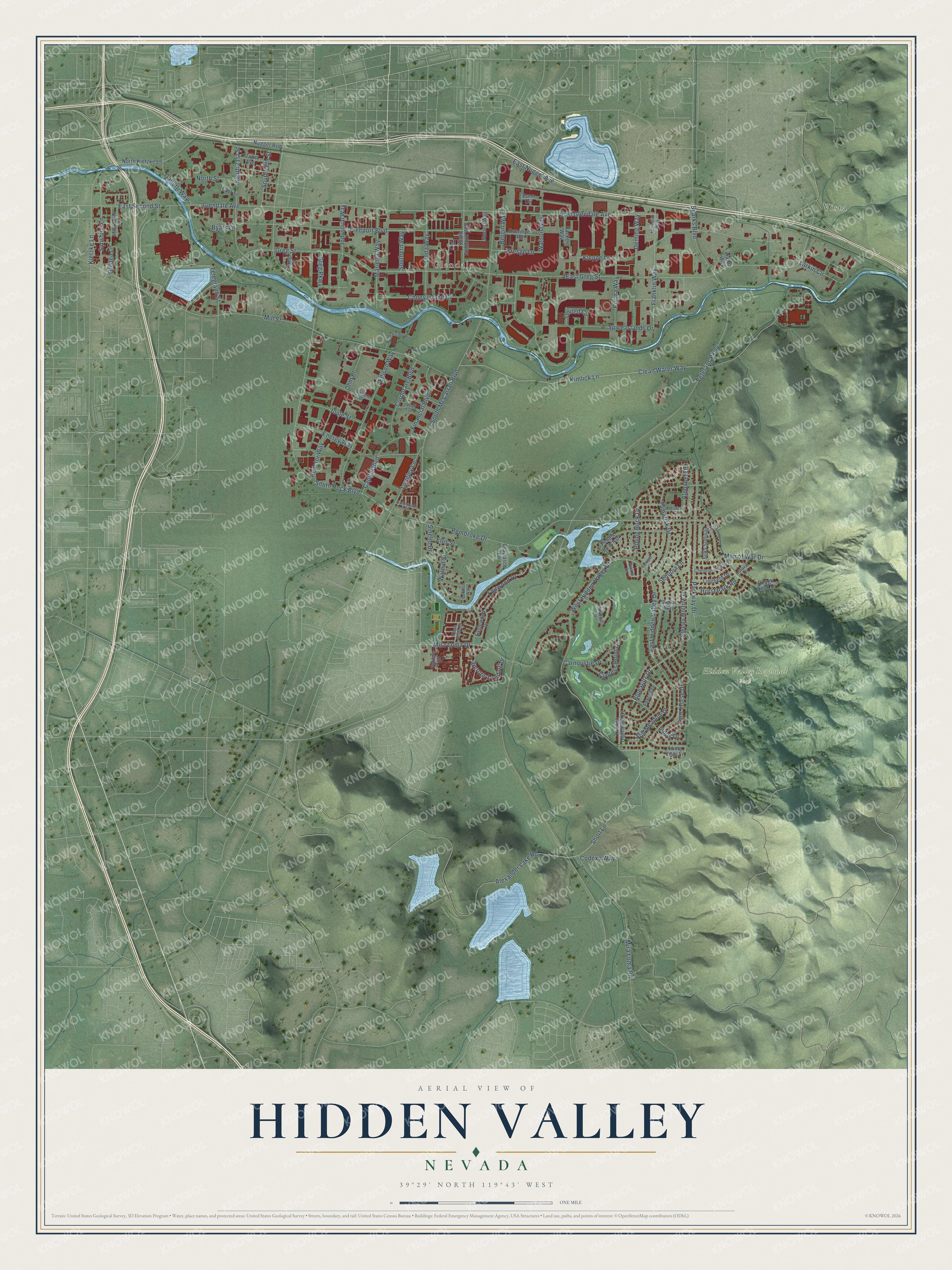 Full map of Hidden Valley, Nevada, with red buildings, printed street names and the land around them