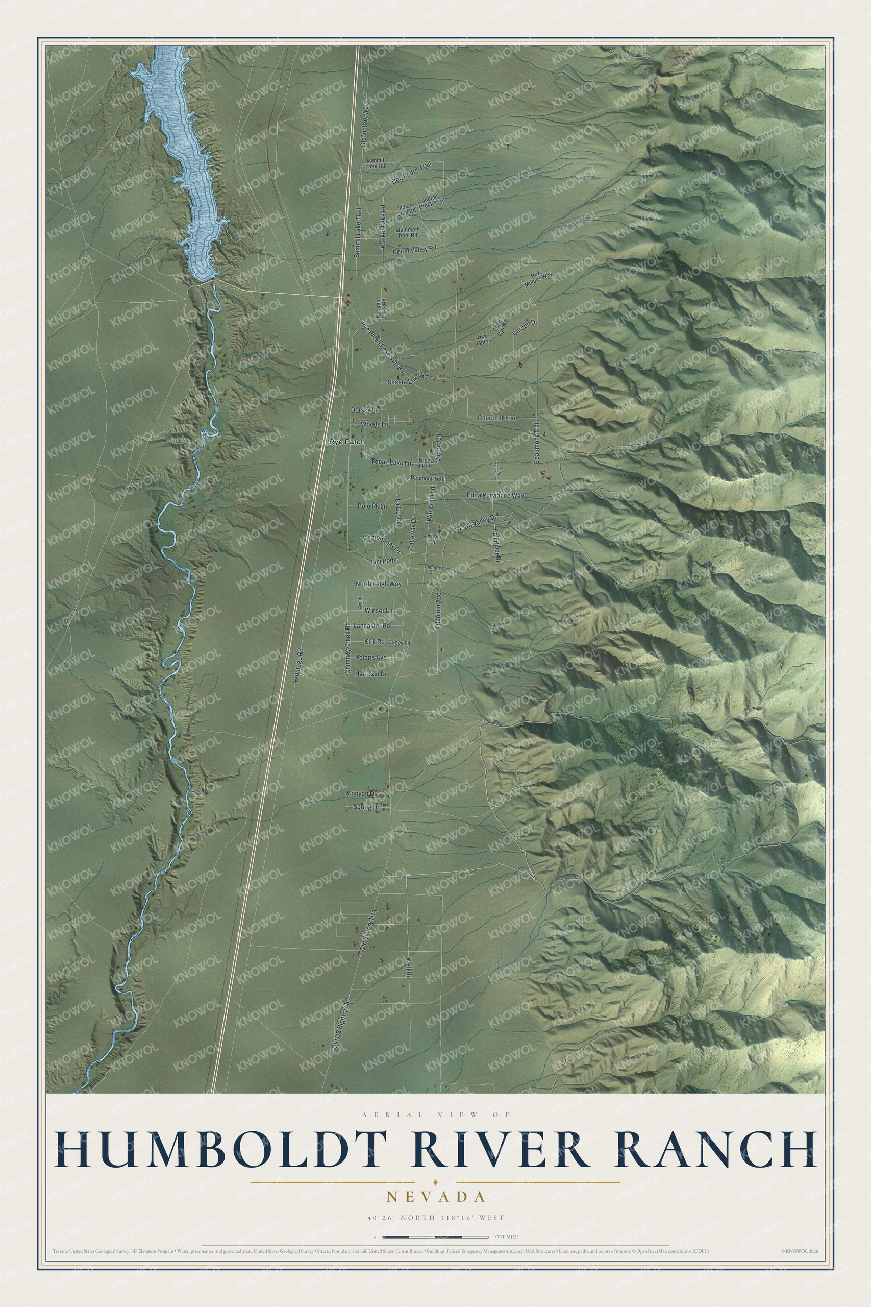 Full map of Humboldt River Ranch, Nevada, with red buildings, printed street names and the land around them