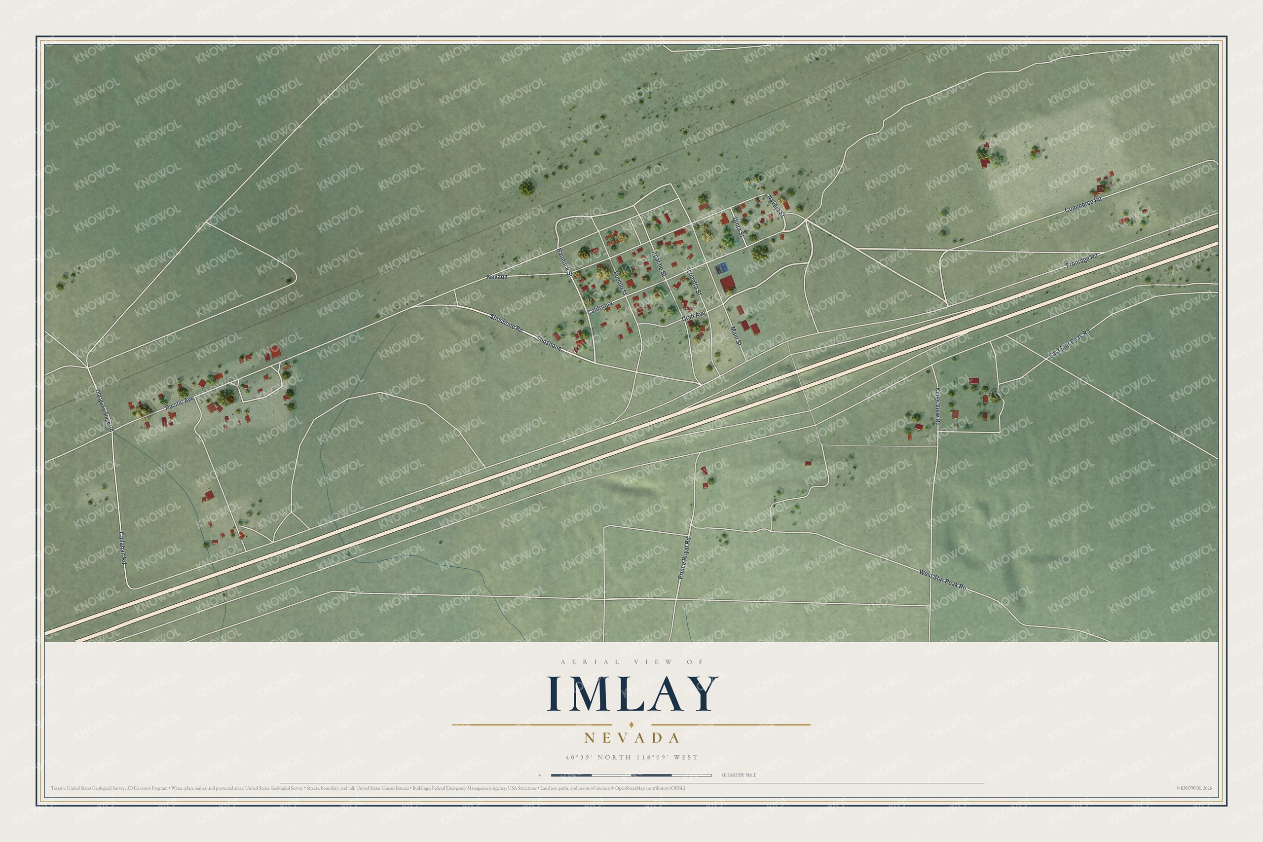Full map of Imlay, Nevada, with red buildings, printed street names and the land around them