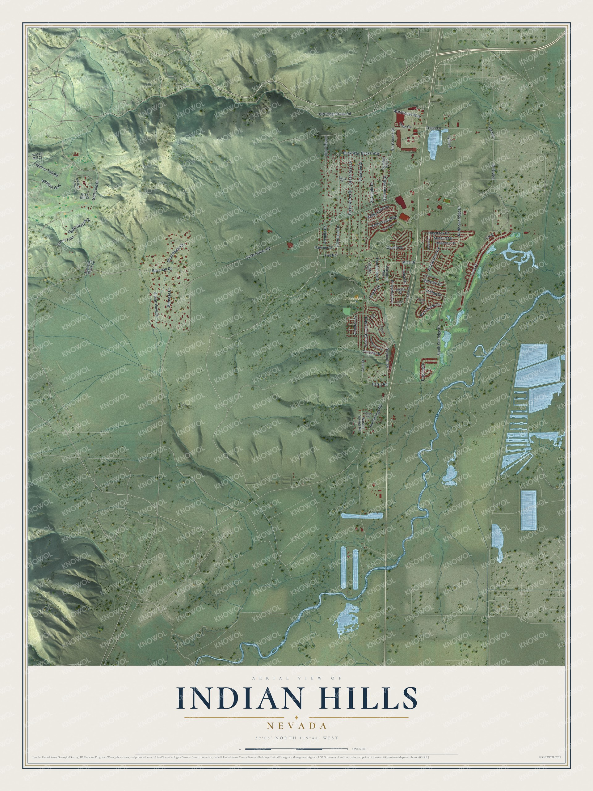 Full map of Indian Hills, Nevada, with red buildings, printed street names and the land around them