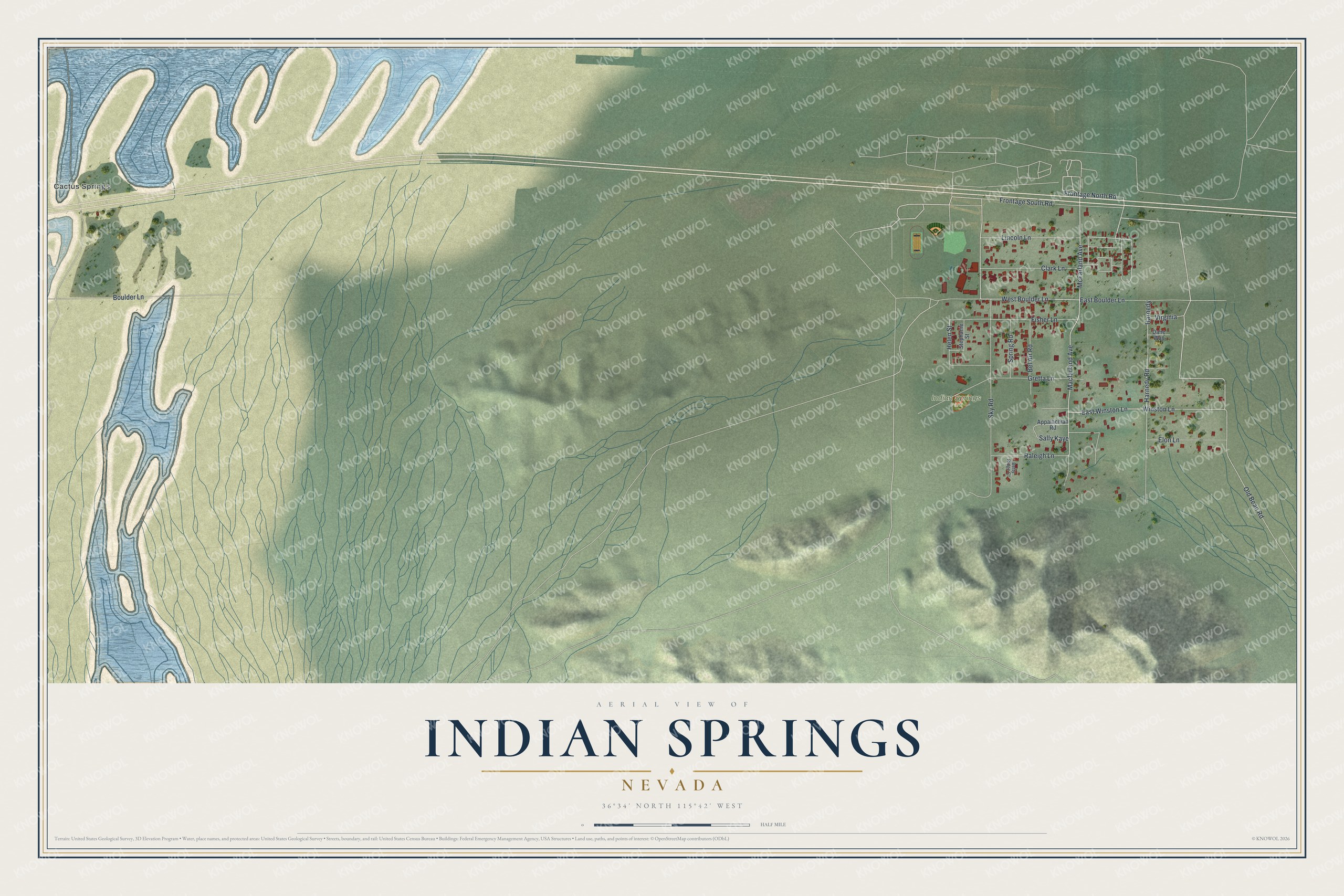 Full map of Indian Springs, Nevada, with red buildings, printed street names and the land around them