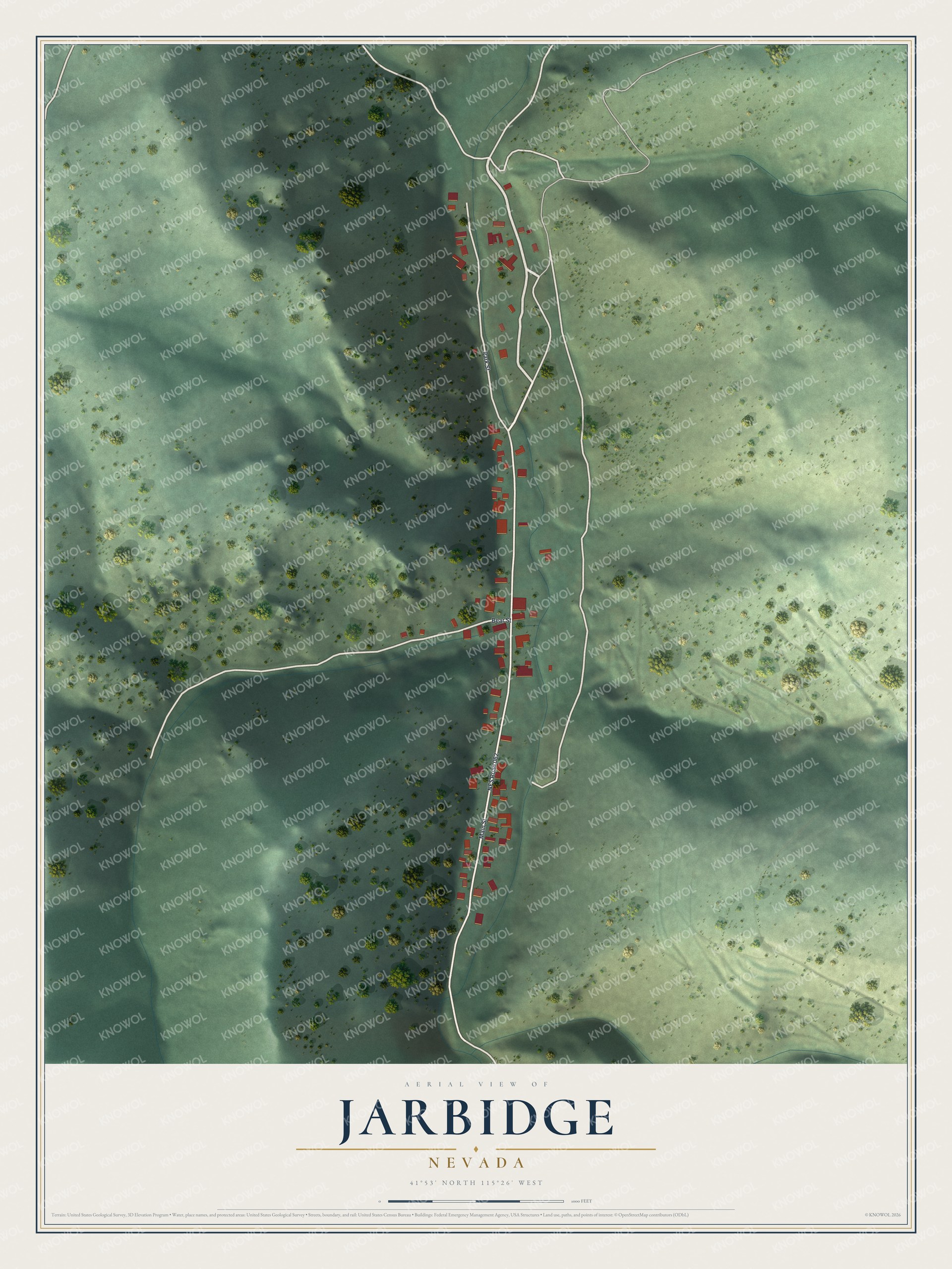 Full map of Jarbidge, Nevada, with red buildings, printed street names and the land around them