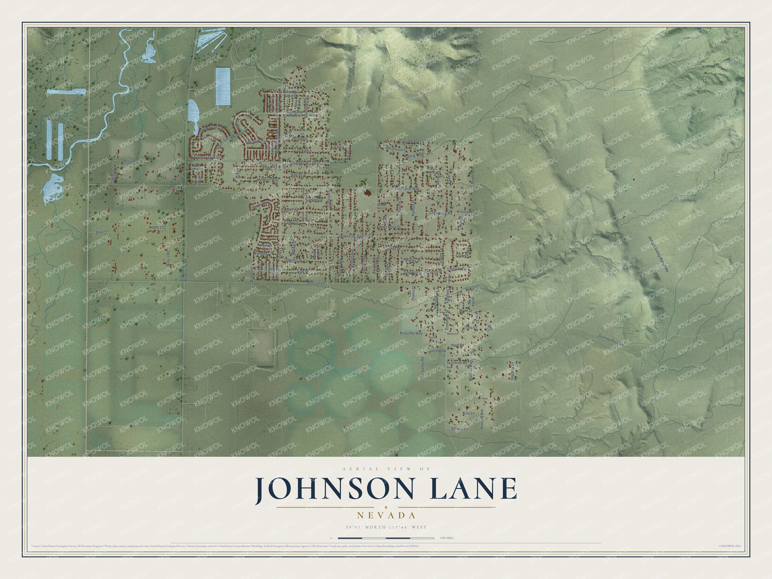 Full map of Johnson Lane, Nevada, with red buildings, printed street names and the land around them