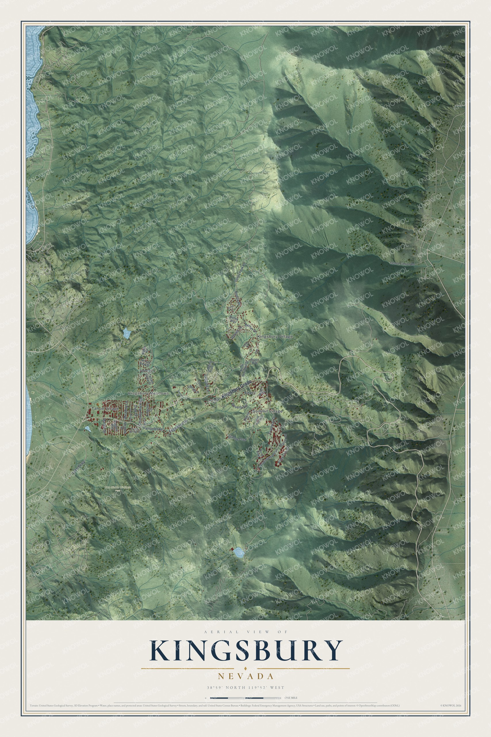 Full map of Kingsbury, Nevada, with red buildings, printed street names and the land around them