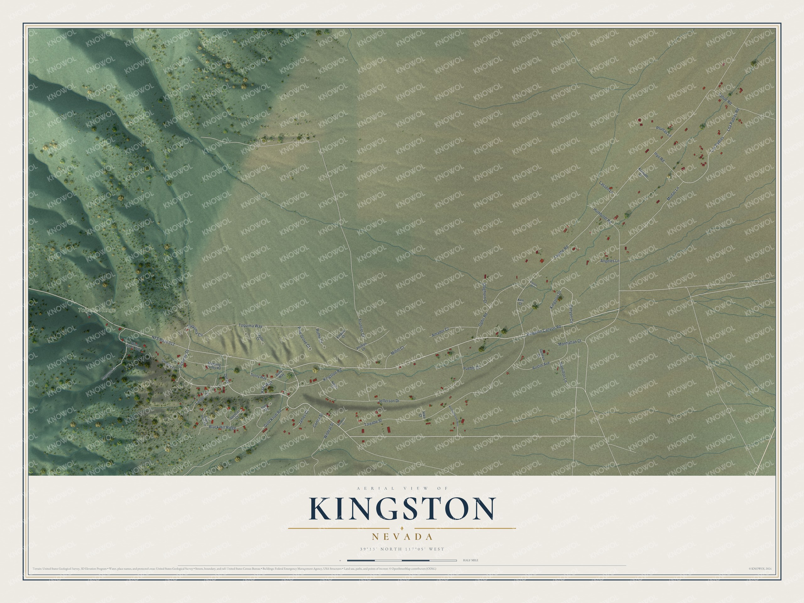 Full map of Kingston, Nevada, with red buildings, printed street names and the land around them
