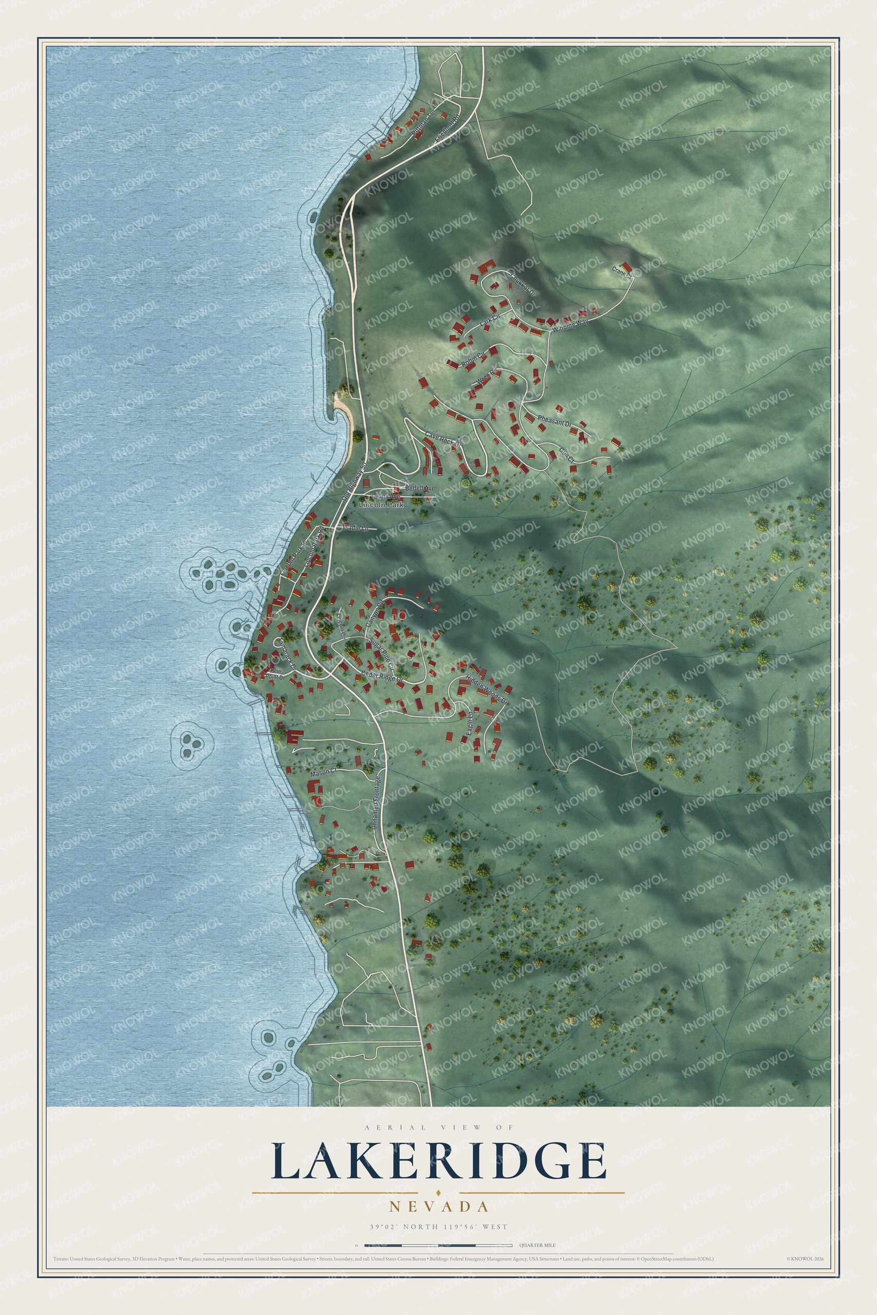 Full map of Lakeridge, Nevada, with red buildings, printed street names and the land around them
