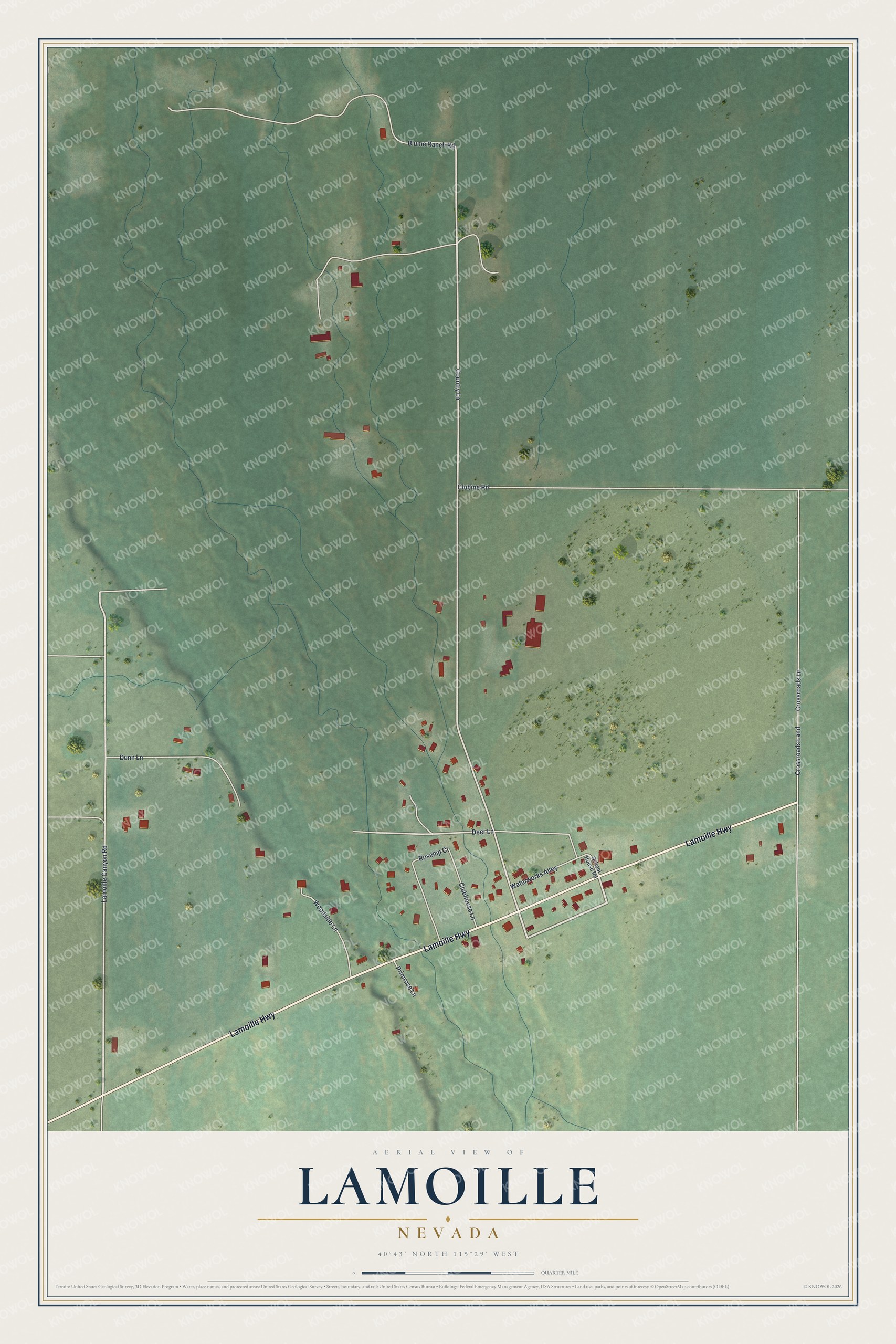 Full map of Lamoille, Nevada, with red buildings, printed street names and the land around them
