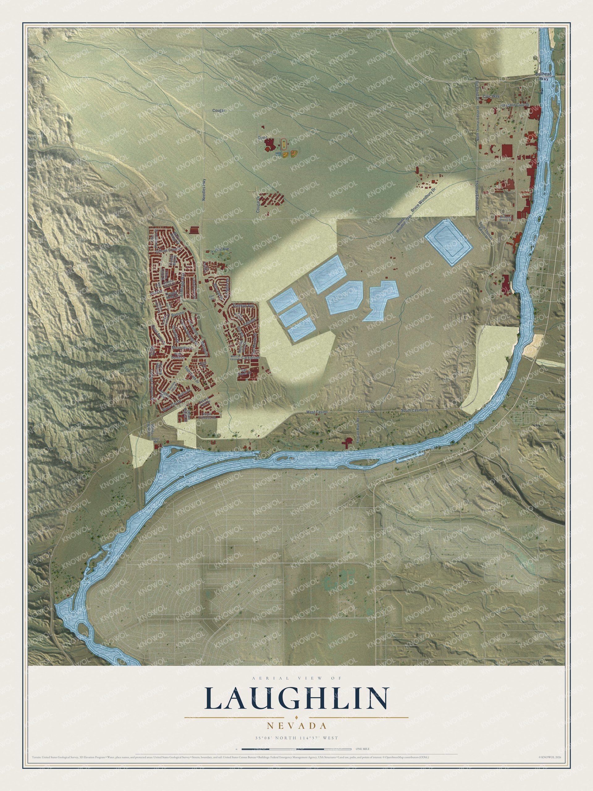 Full map of Laughlin, Nevada, with red buildings, printed street names and the land around them