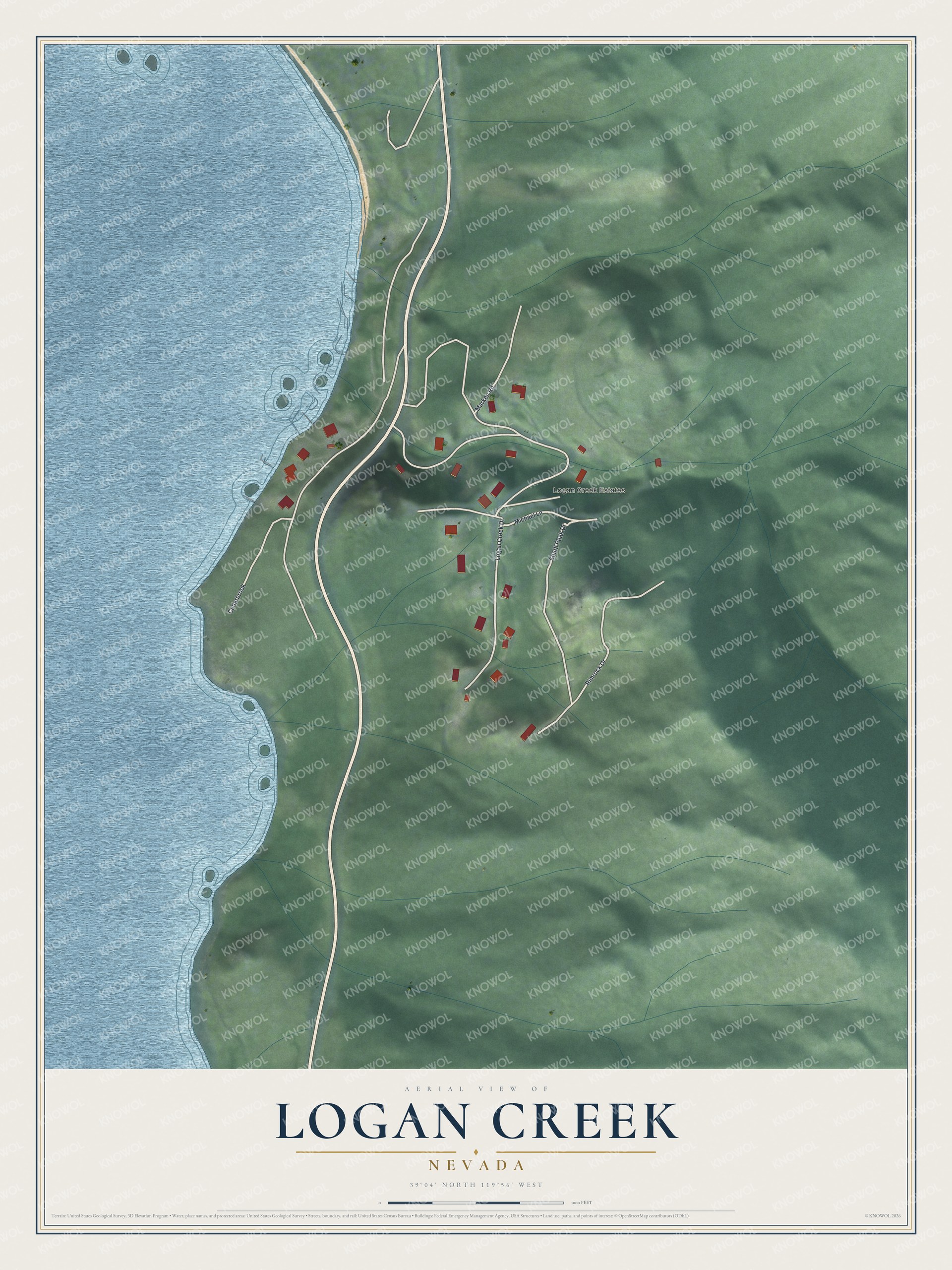 Full map of Logan Creek, Nevada, with red buildings, printed street names and the land around them