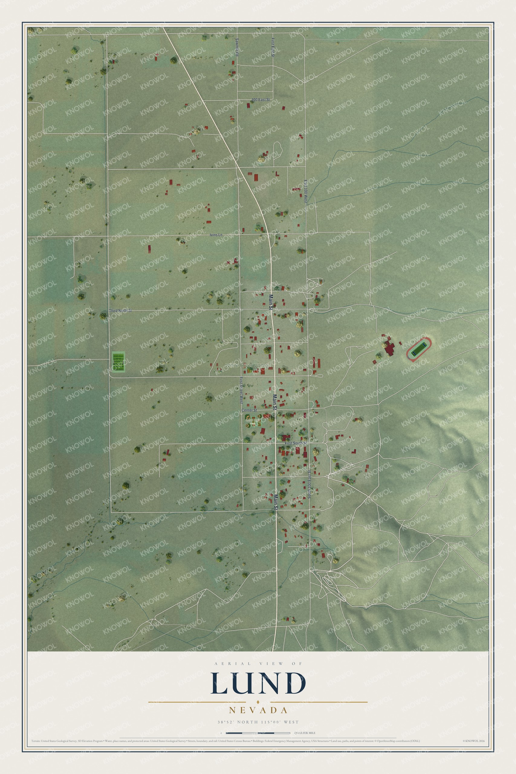 Full map of Lund, Nevada, with red buildings, printed street names and the land around them