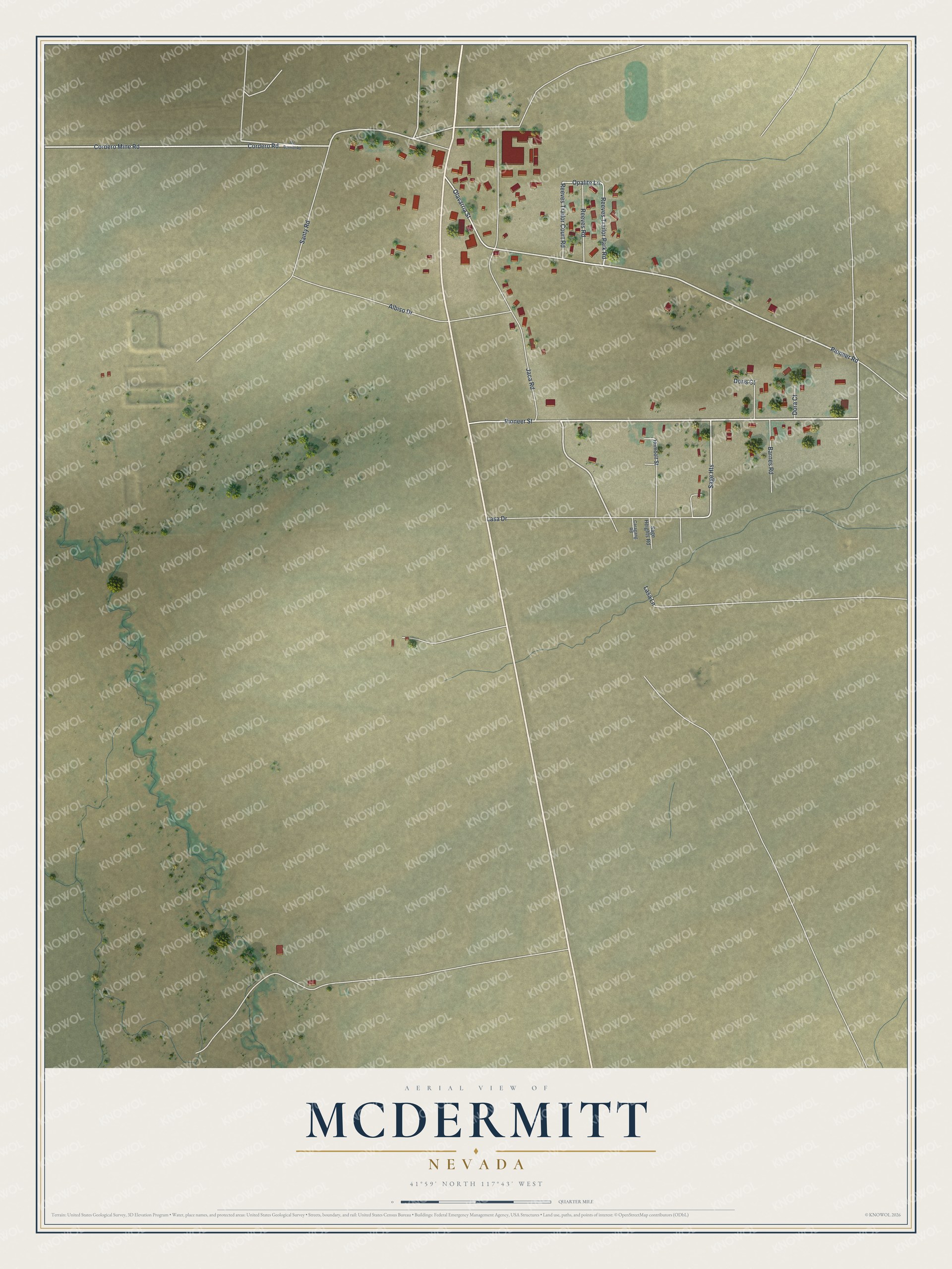 Full map of McDermitt, Nevada, with red buildings, printed street names and the land around them