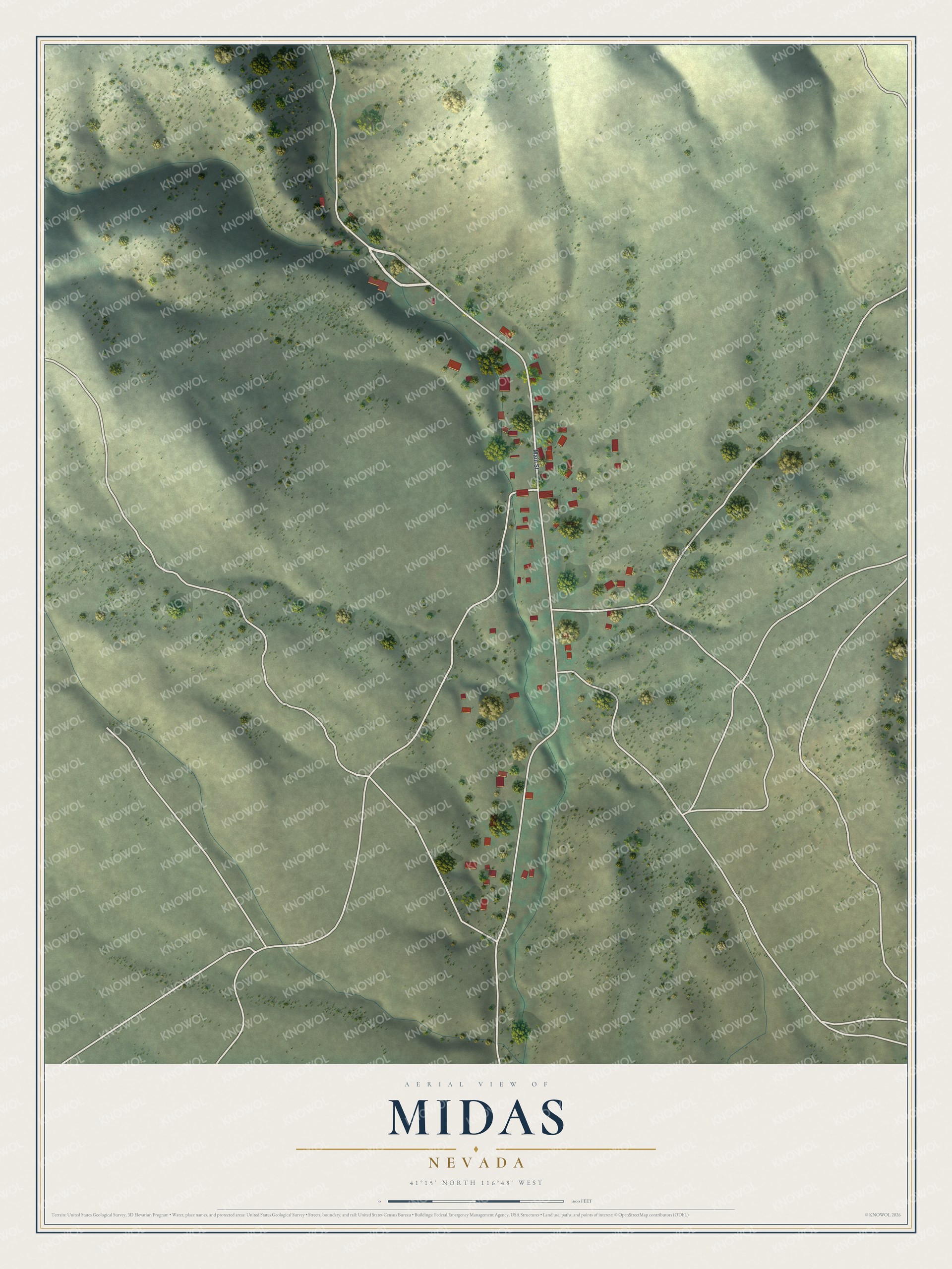 Full map of Midas, Nevada, with red buildings, printed street names and the land around them