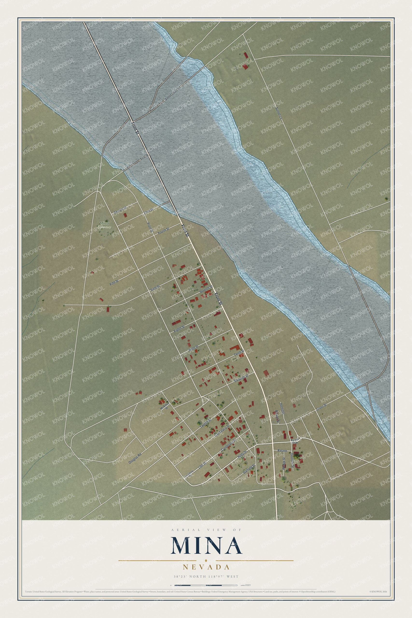 Full map of Mina, Nevada, with red buildings, printed street names and the land around them