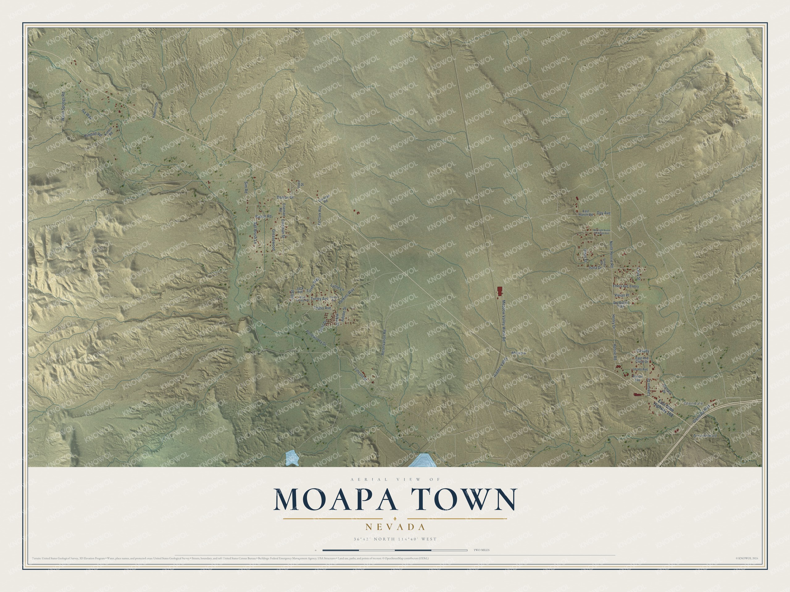 Full map of Moapa Town, Nevada, with red buildings, printed street names and the land around them