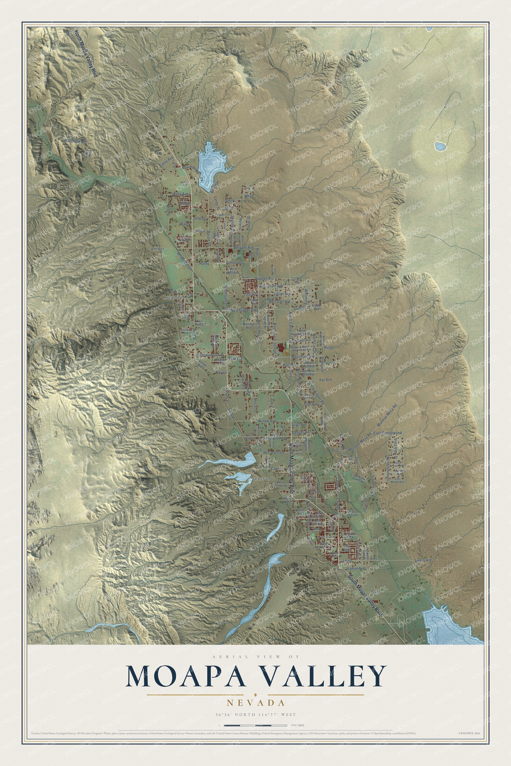 Full map of Moapa Valley, Nevada, with red buildings, printed street names and the land around them