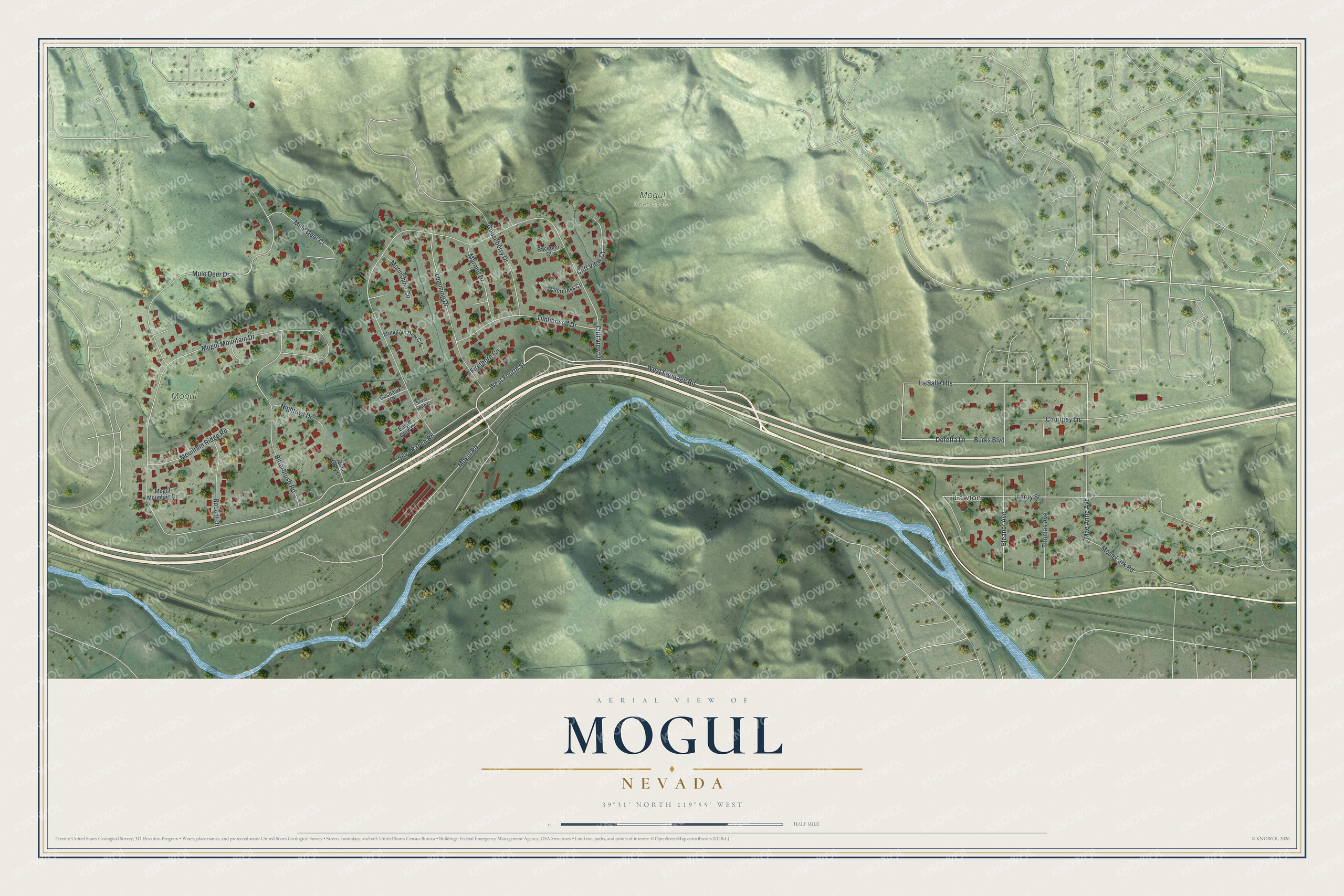 Full map of Mogul, Nevada, with red buildings, printed street names and the land around them