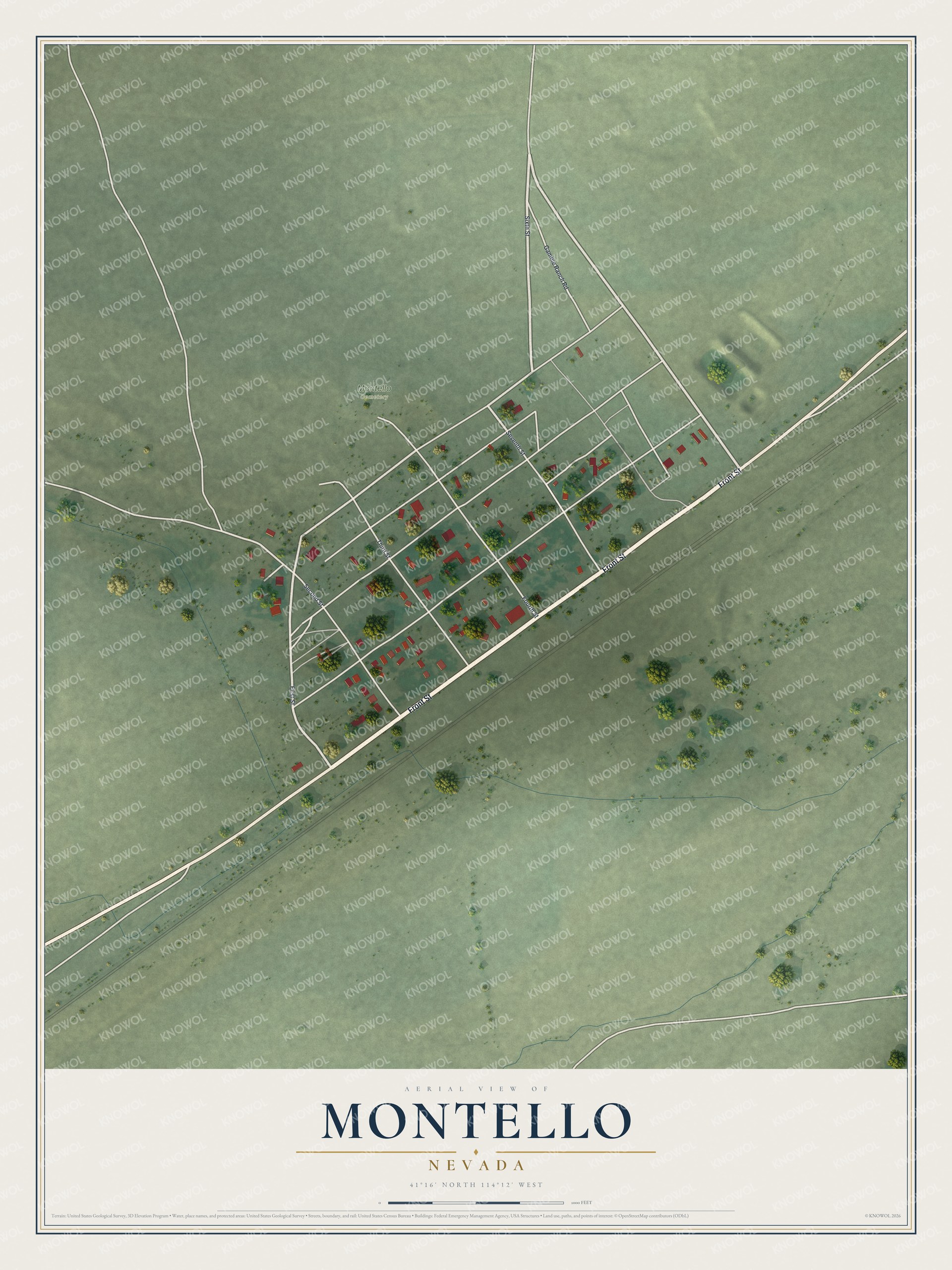 Full map of Montello, Nevada, with red buildings, printed street names and the land around them