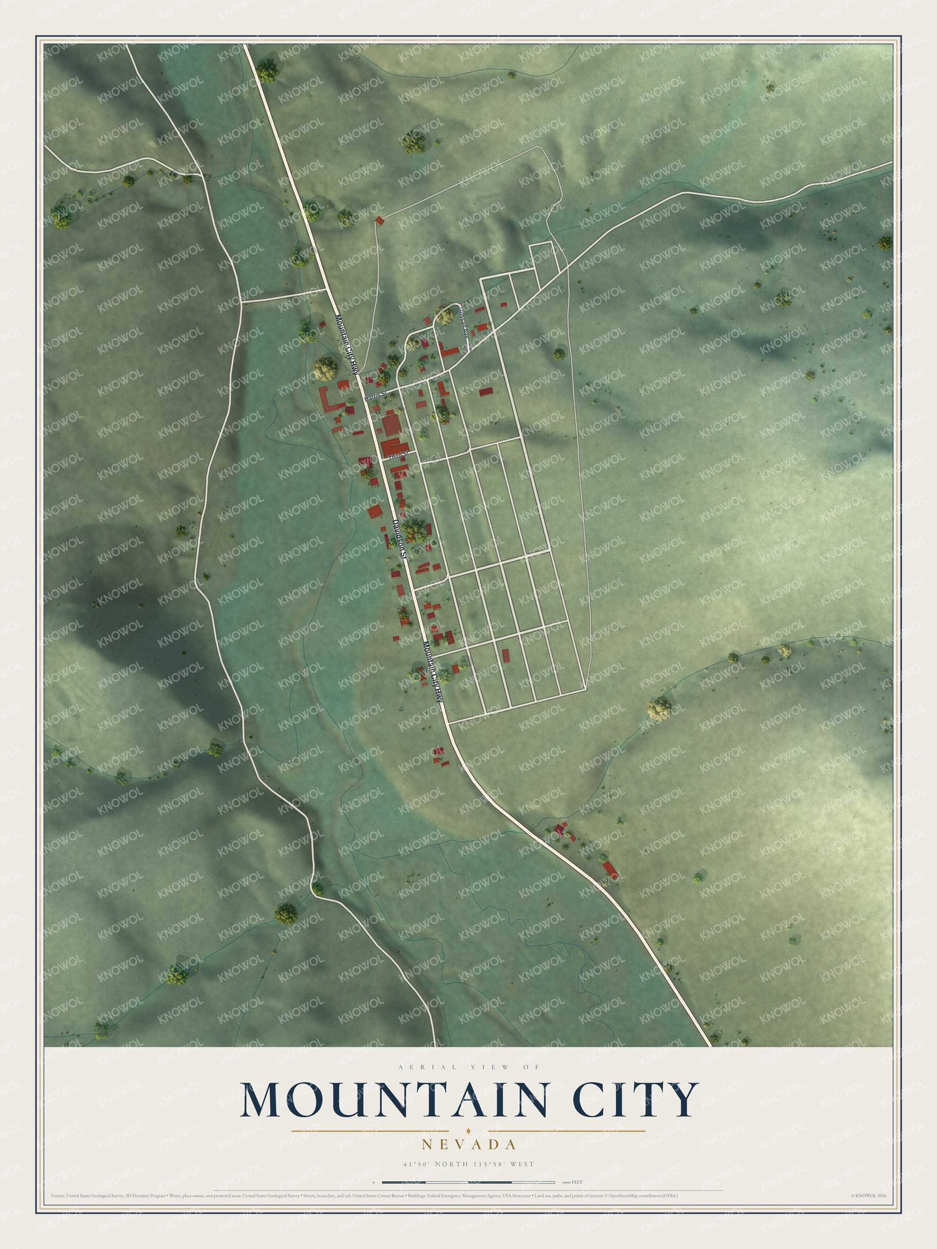 Full map of Mountain City, Nevada, with red buildings, printed street names and the land around them