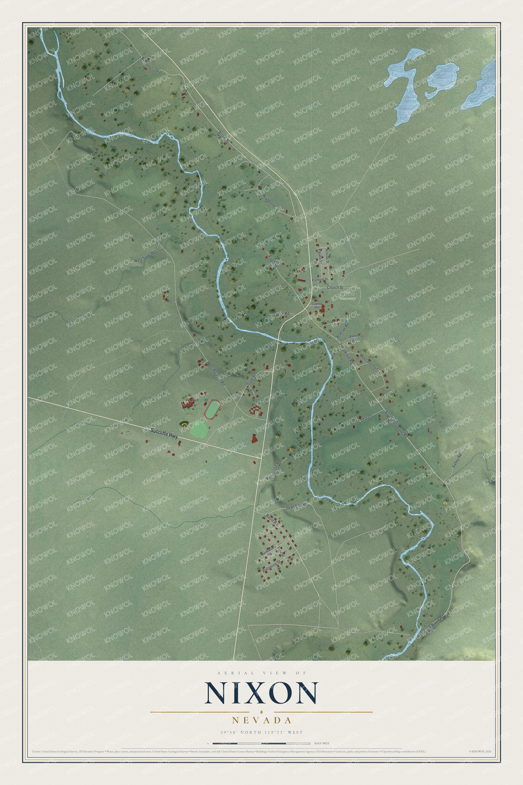Full map of Nixon, Nevada, with red buildings, printed street names and the land around them