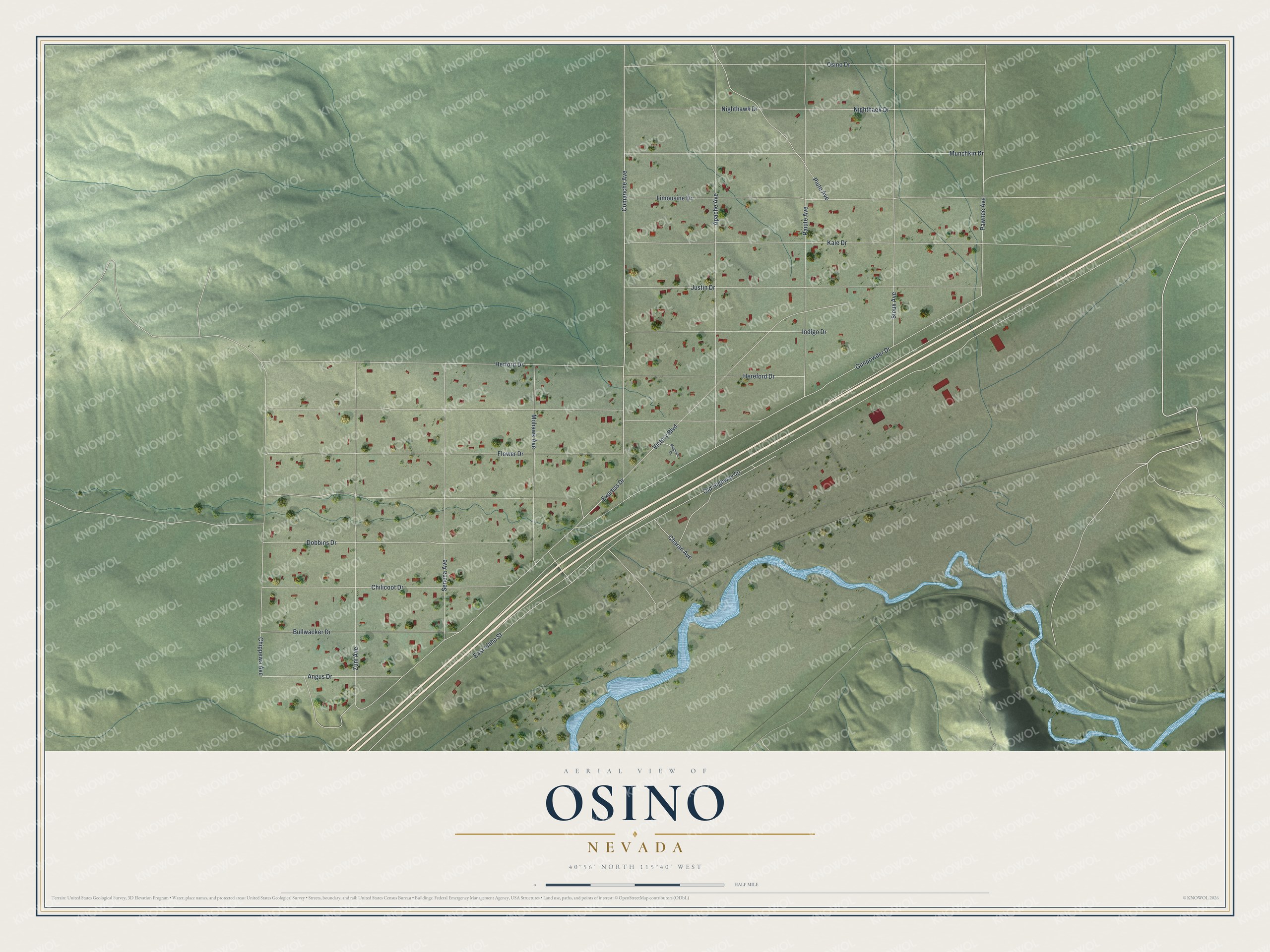 Full map of Osino, Nevada, with red buildings, printed street names and the land around them