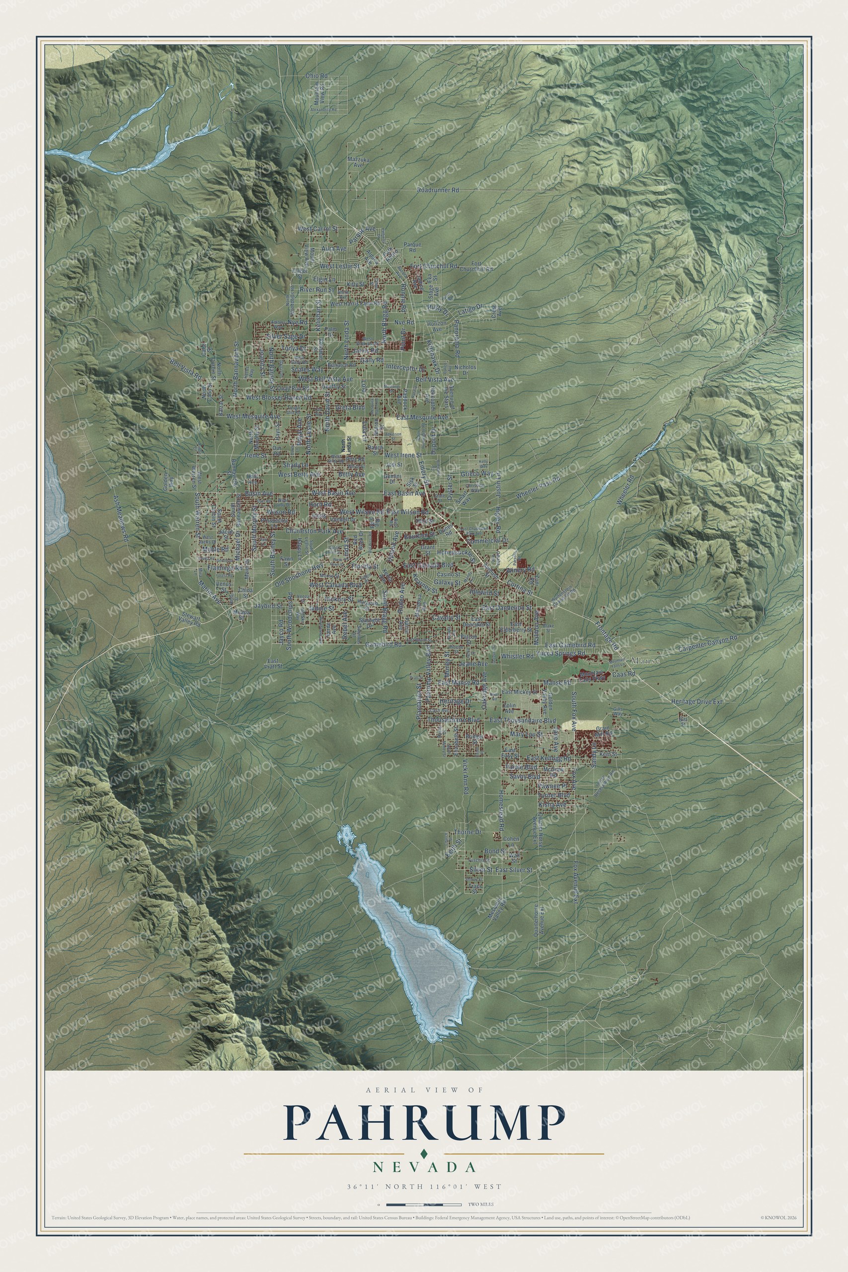 Full map of Pahrump, Nevada, with red buildings, printed street names and the land around them