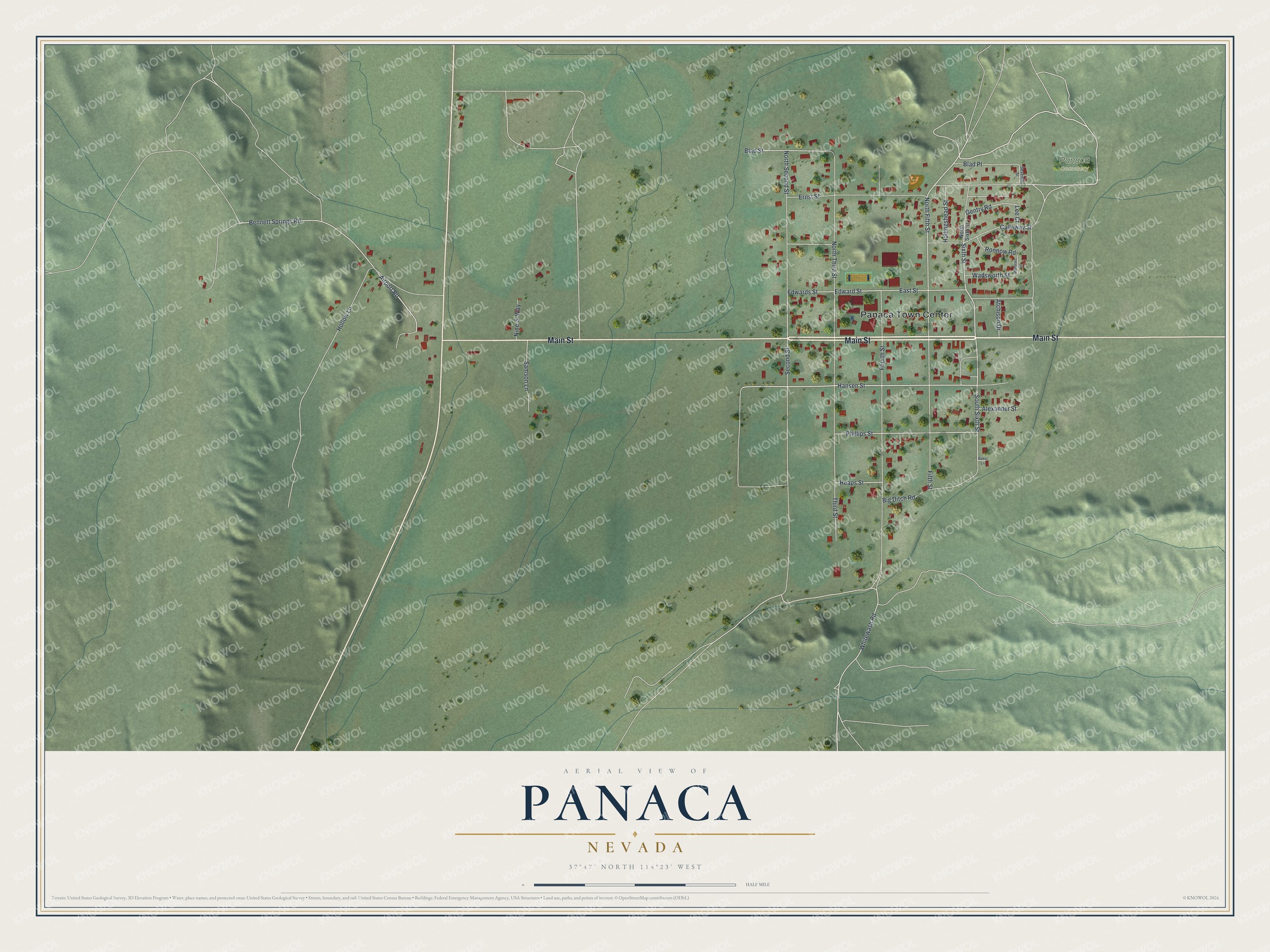 Full map of Panaca, Nevada, with red buildings, printed street names and the land around them