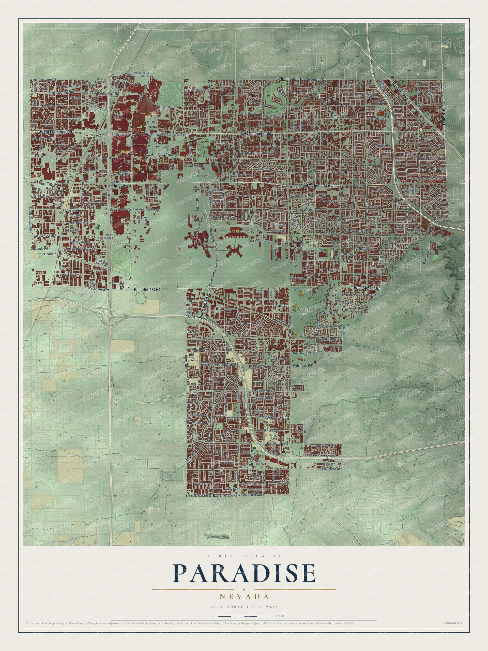 Full map of Paradise, Nevada, with red buildings, printed street names and the land around them