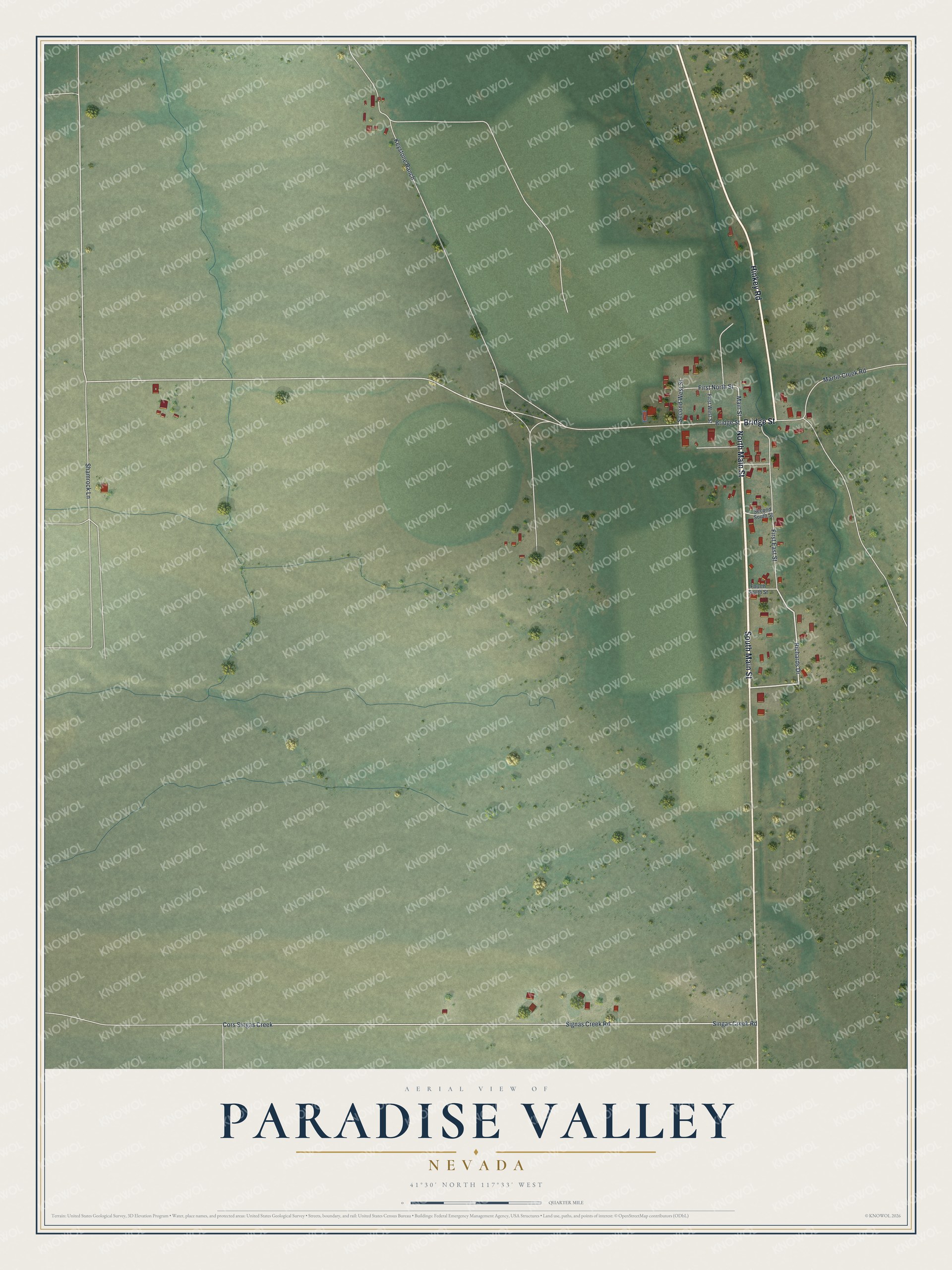 Full map of Paradise Valley, Nevada, with red buildings, printed street names and the land around them
