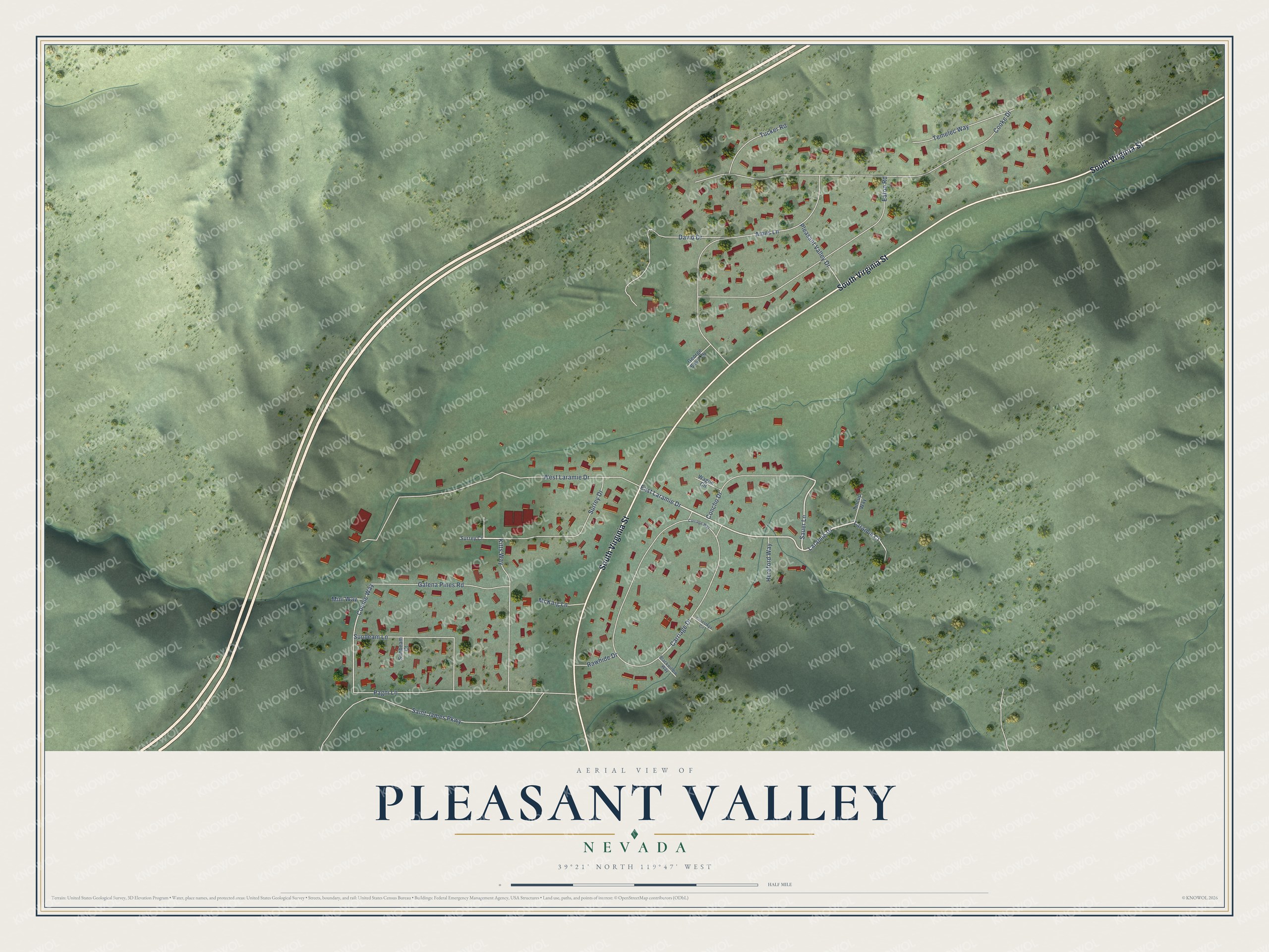 Full map of Pleasant Valley, Nevada, with red buildings, printed street names and the land around them