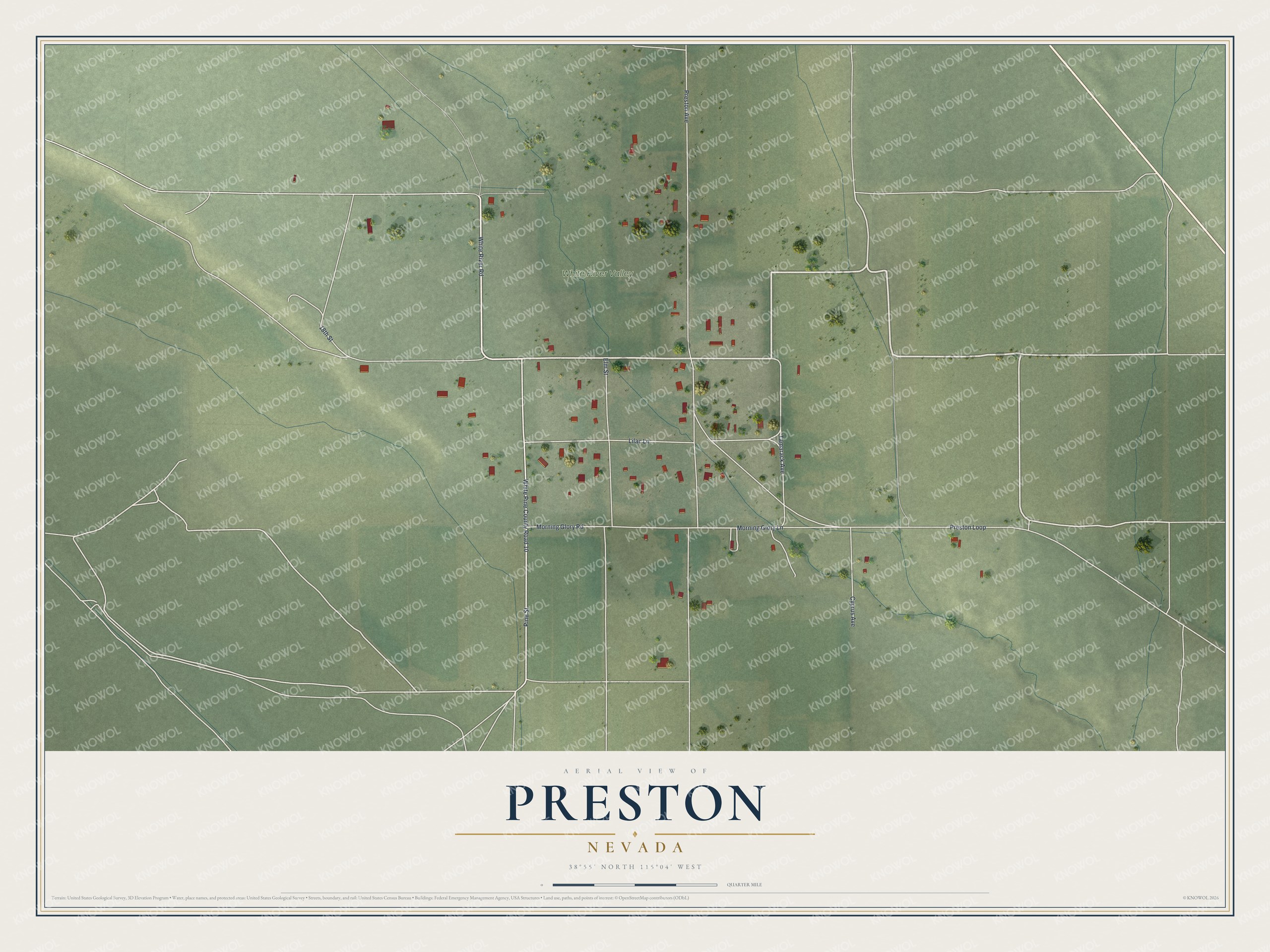 Full map of Preston, Nevada, with red buildings, printed street names and the land around them