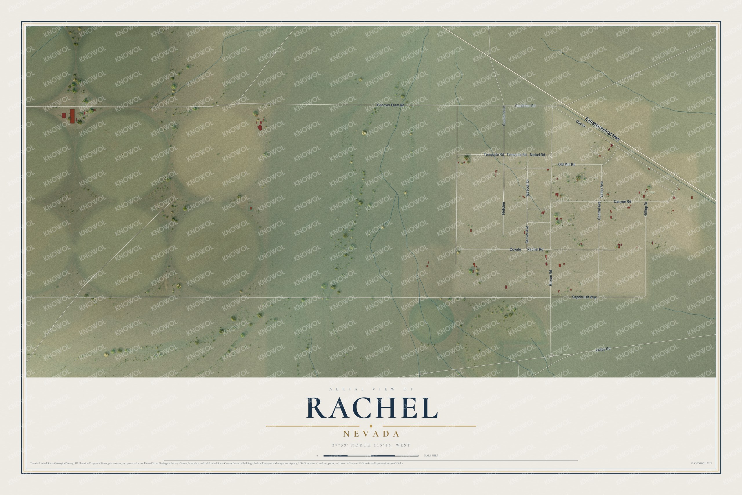 Full map of Rachel, Nevada, with red buildings, printed street names and the land around them