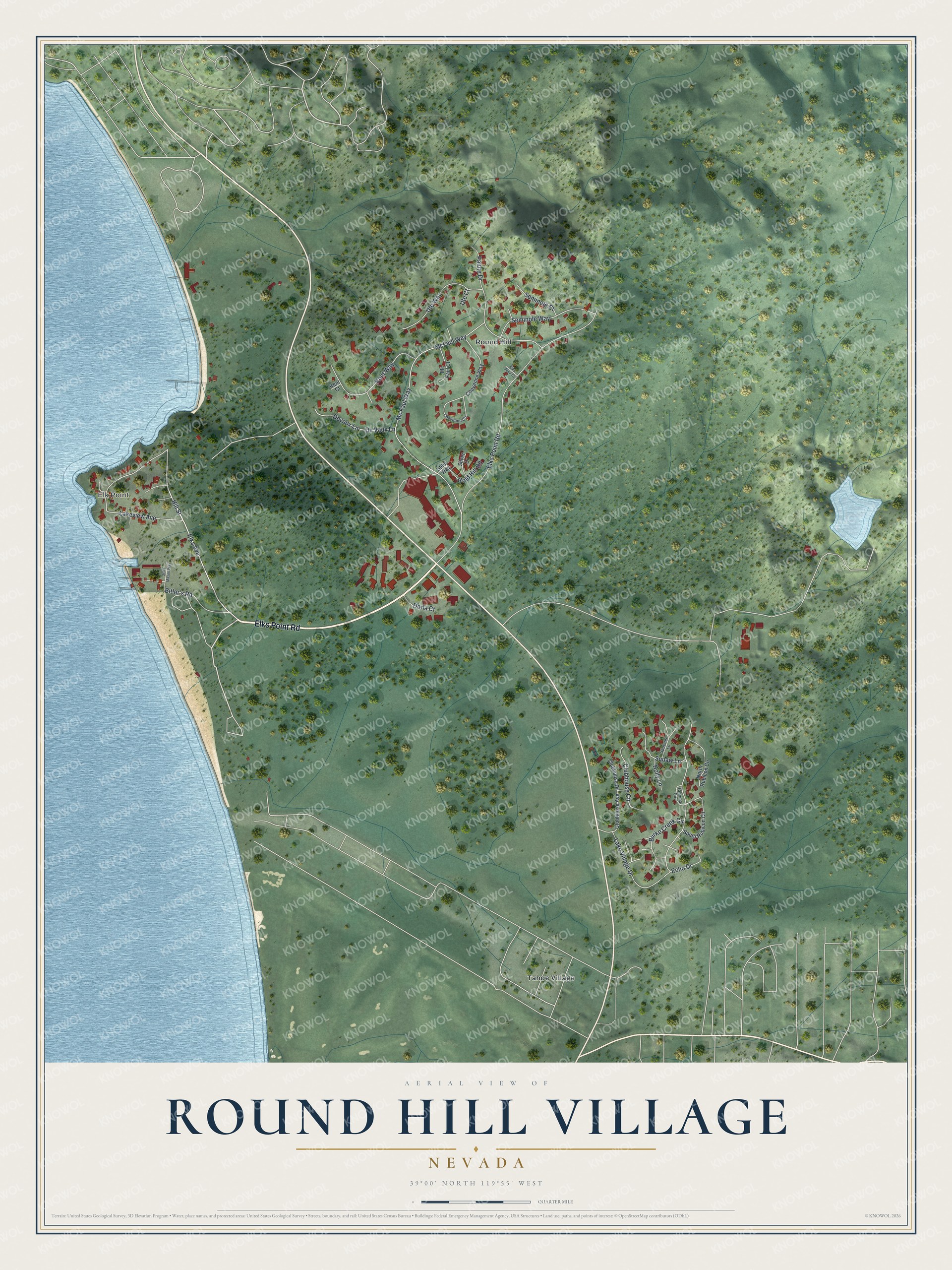 Full map of Round Hill Village, Nevada, with red buildings, printed street names and the land around them