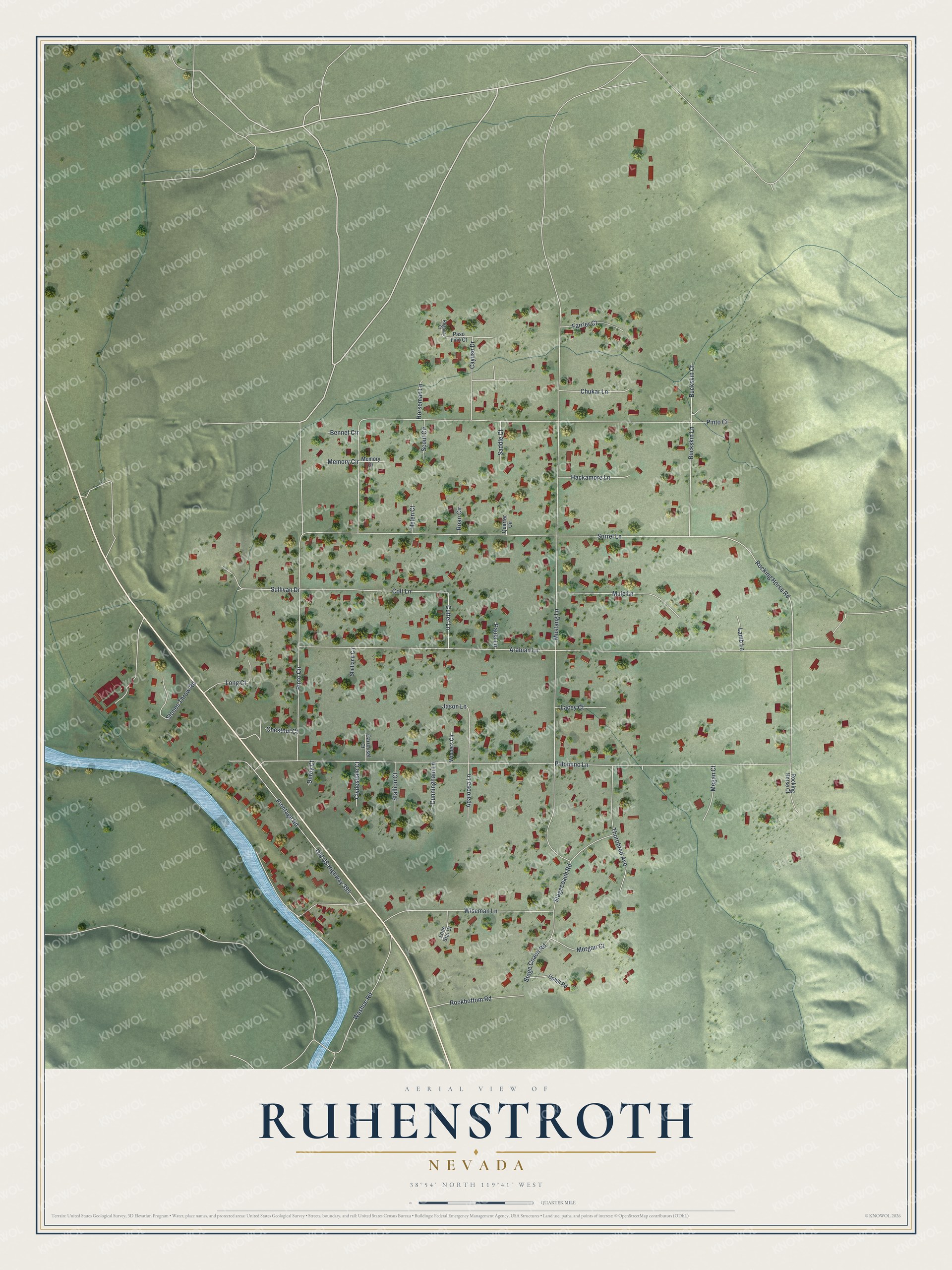 Full map of Ruhenstroth, Nevada, with red buildings, printed street names and the land around them