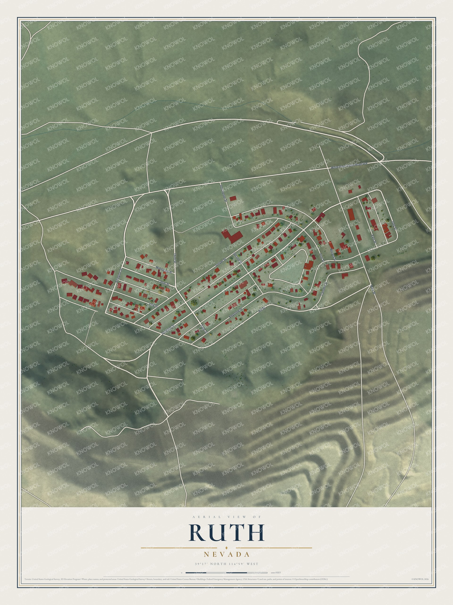 Full map of Ruth, Nevada, with red buildings, printed street names and the land around them