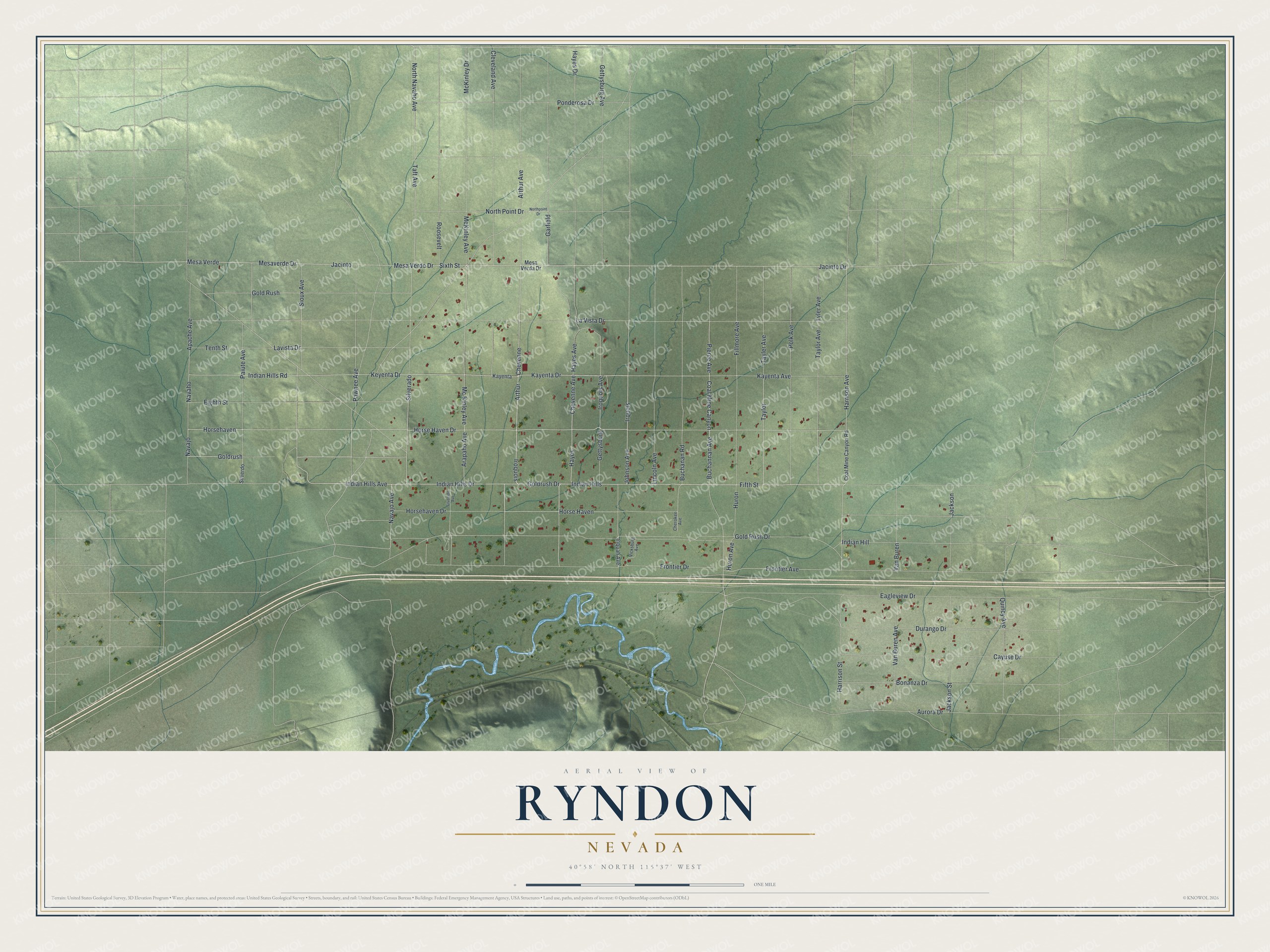 Full map of Ryndon, Nevada, with red buildings, printed street names and the land around them