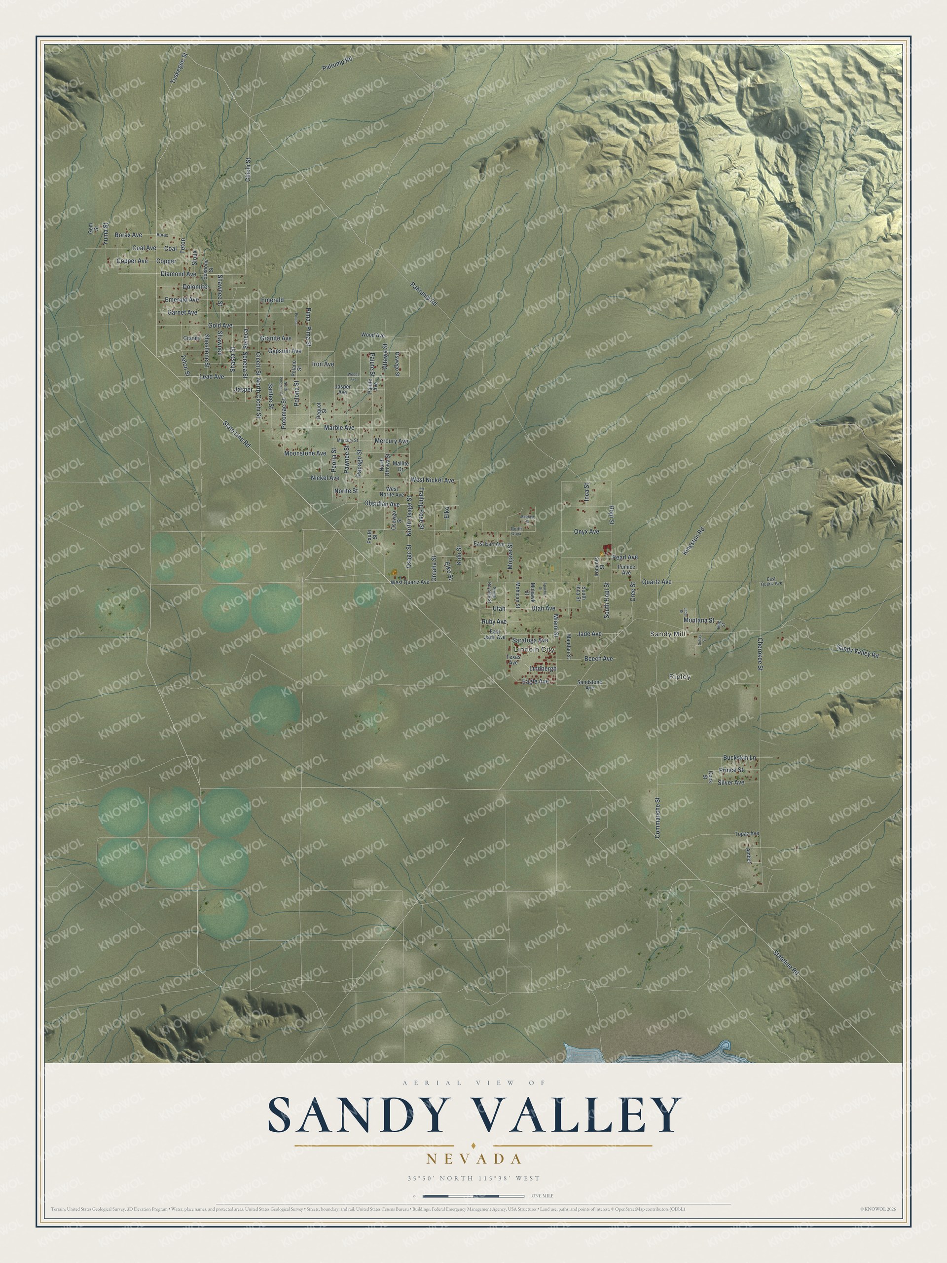 Full map of Sandy Valley, Nevada, with red buildings, printed street names and the land around them
